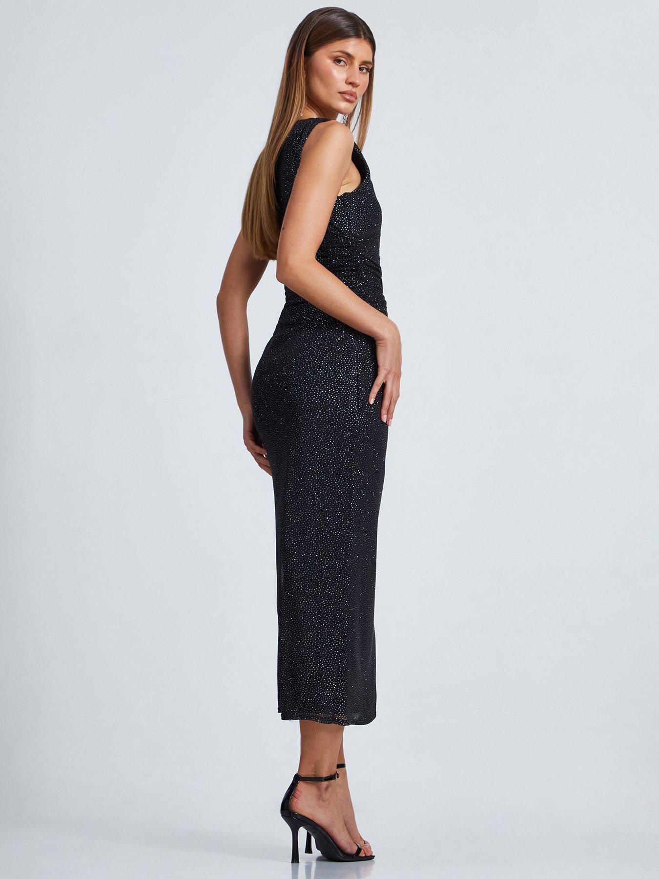 knee length dresses for ladies Black Glitter Mesh Overlay V Neck Long Sleeve Dress  PINKCOLADA