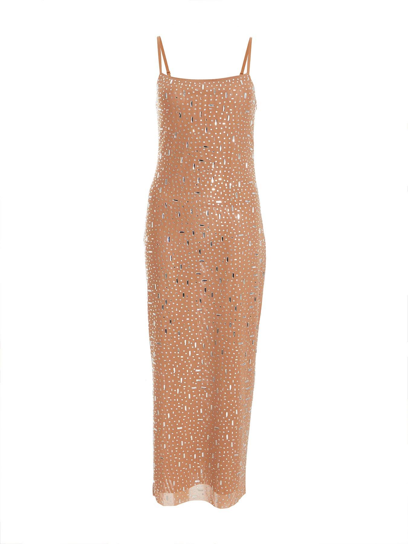 Quiz Nude Square Neck Embellished Maxi Dress | Very