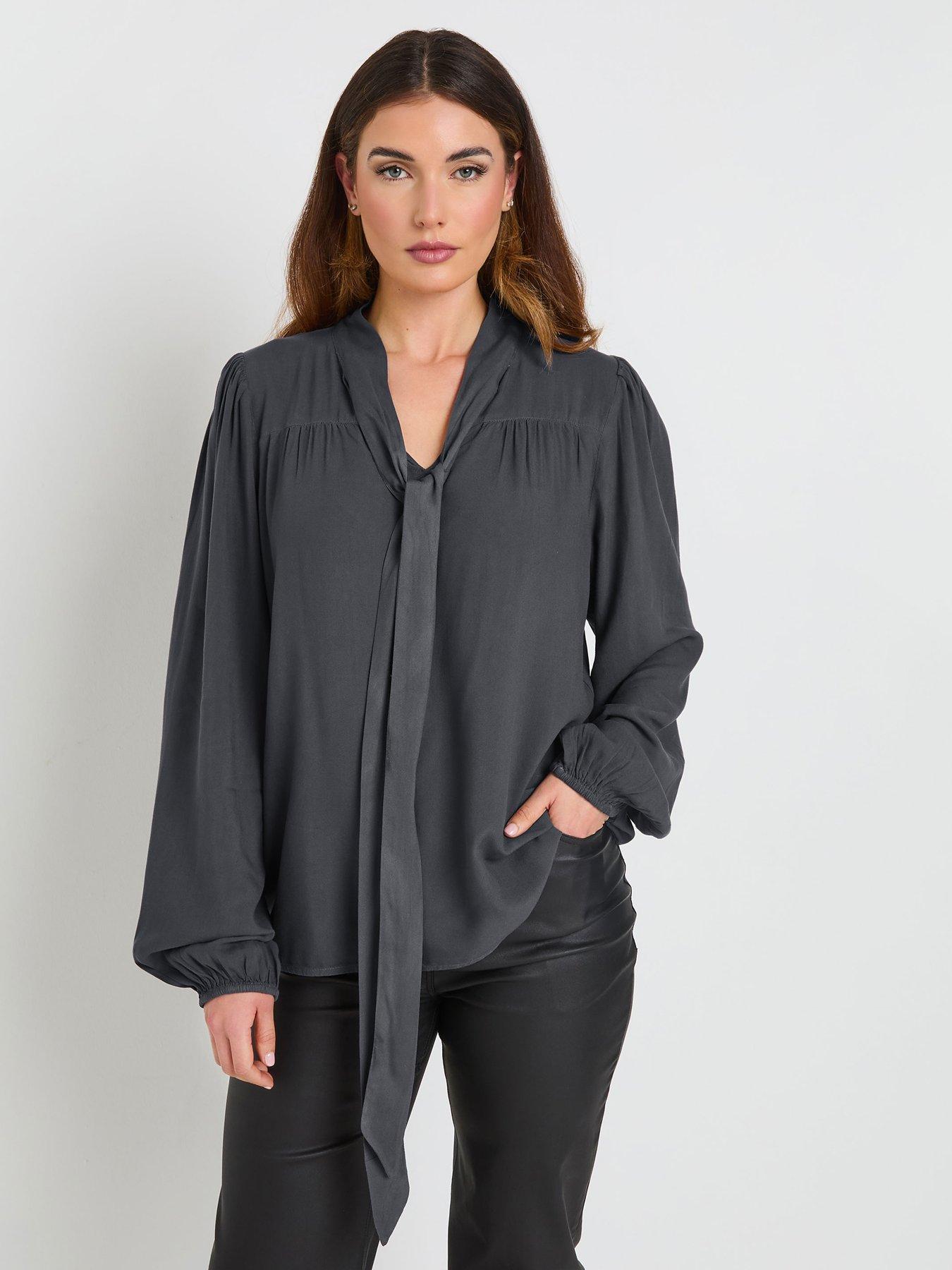 undefined Tie Neck Top - Grey