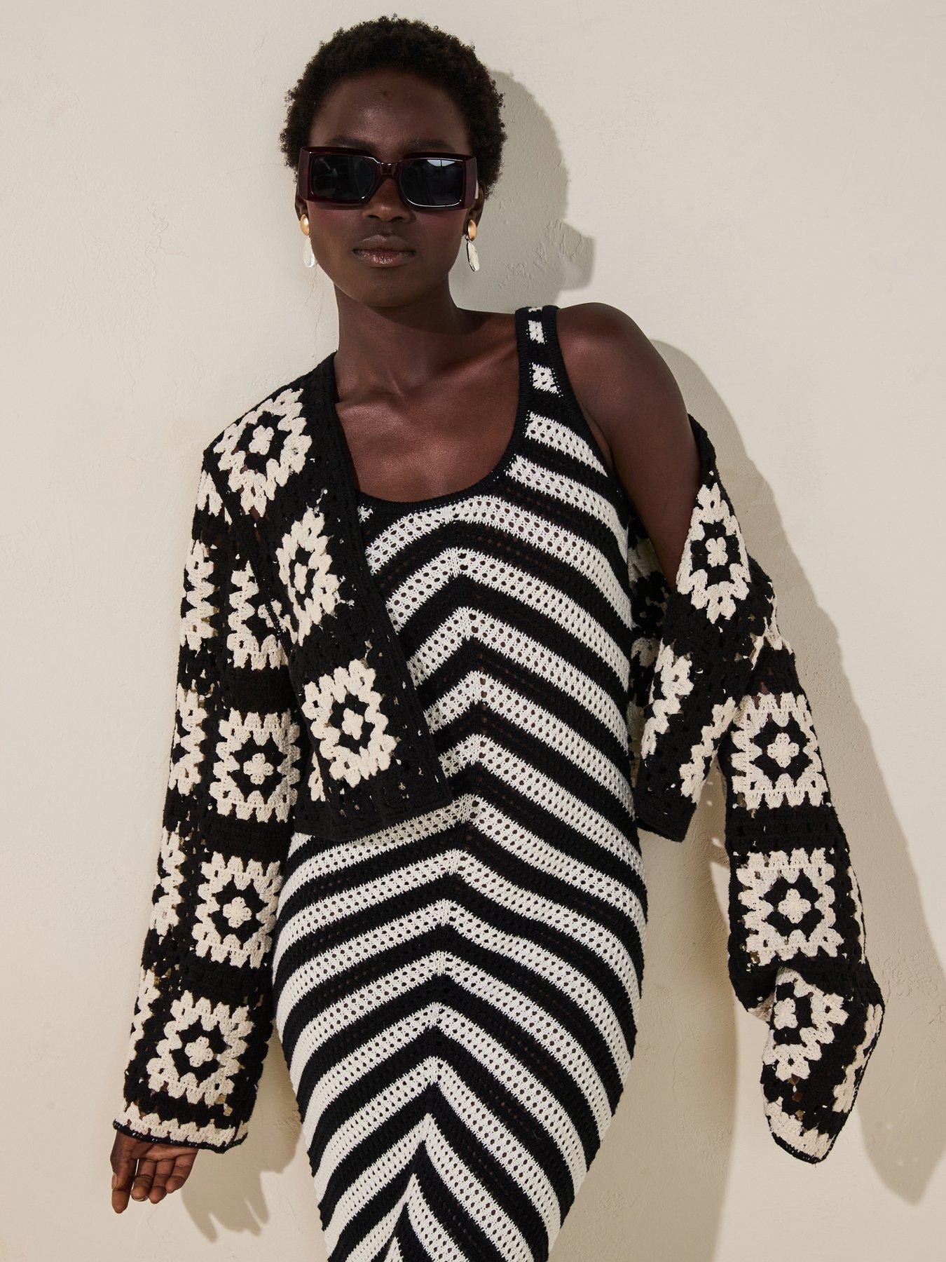 undefined Cropped Crochet Edge To Edge Cardigan - Black/White