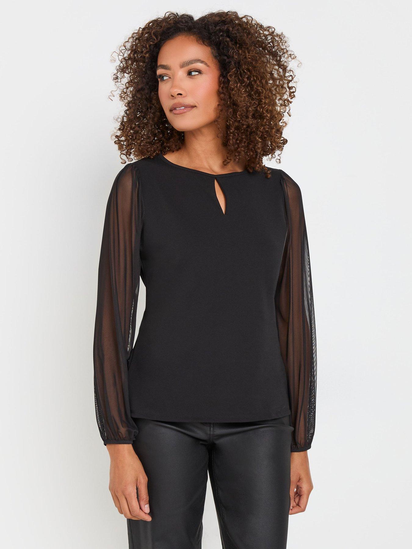 undefined Notch Neck Scuba Crepe Mesh Top - Black