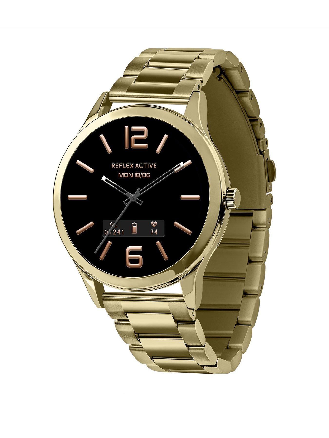 Product photograph of Reflex Active Series 31 Gold Stainless Steel Strap Amoled Smart Calling Watch from very.co.uk