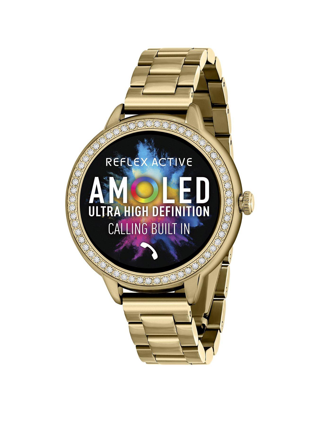 Product photograph of Reflex Active Series 41 Stone Set Gold Bracelet Amoled Smart Calling Watch from very.co.uk