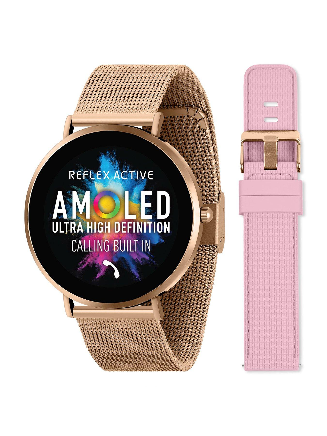 Product photograph of Reflex Active Series 42 Rose Gold Mesh And Pink Silicone Strap Amoled Ultra Slim Smart Calling Watch Set from very.co.uk