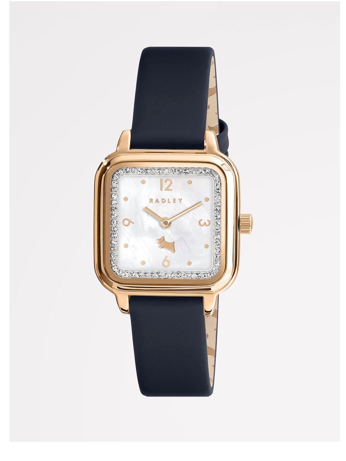 Product photograph of Radley Square Rose Gold Plated Ink Blue Leather Strap Watch from very.co.uk