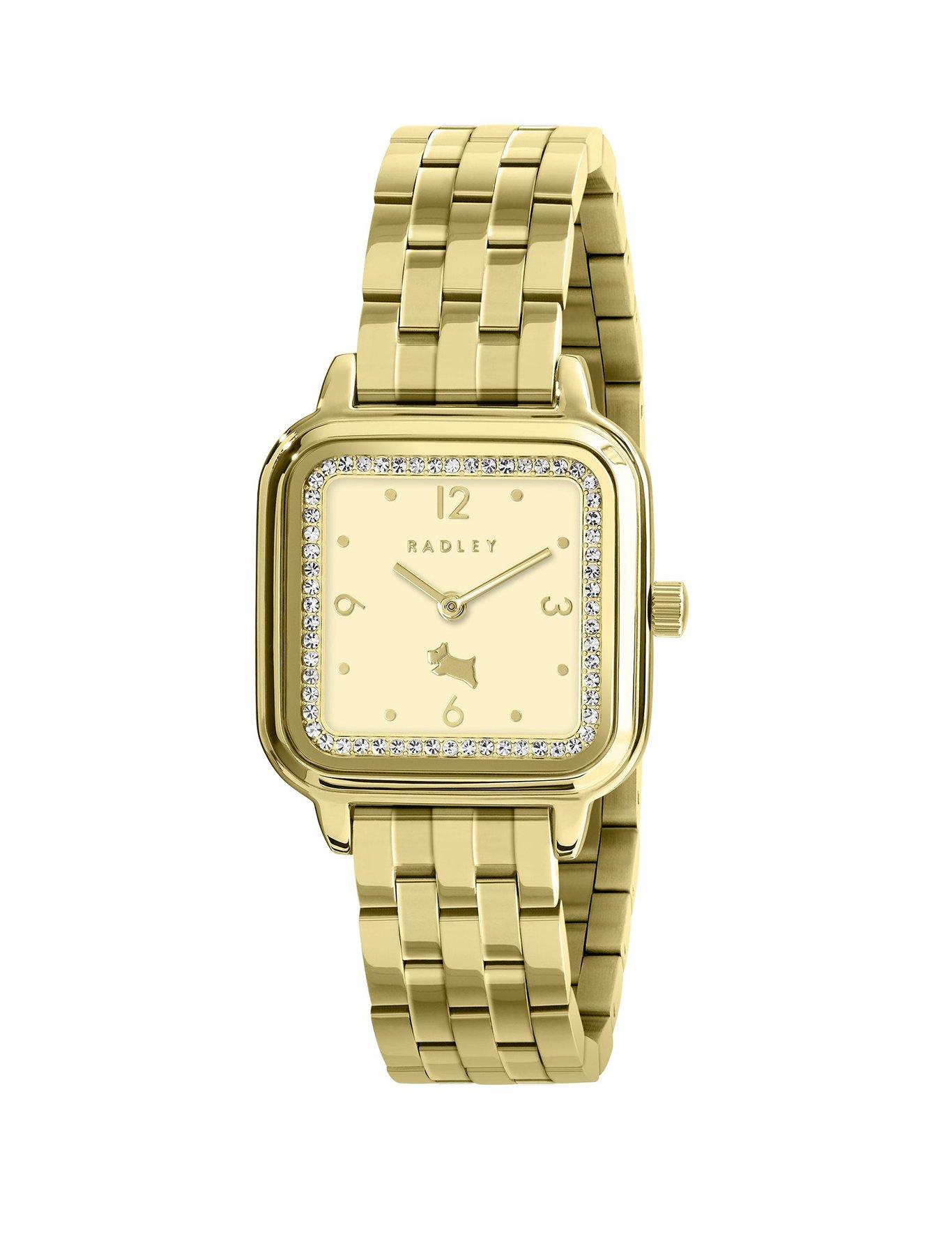 Product photograph of Radley Square Gold Plated Bracelet Stone Set Watch from very.co.uk