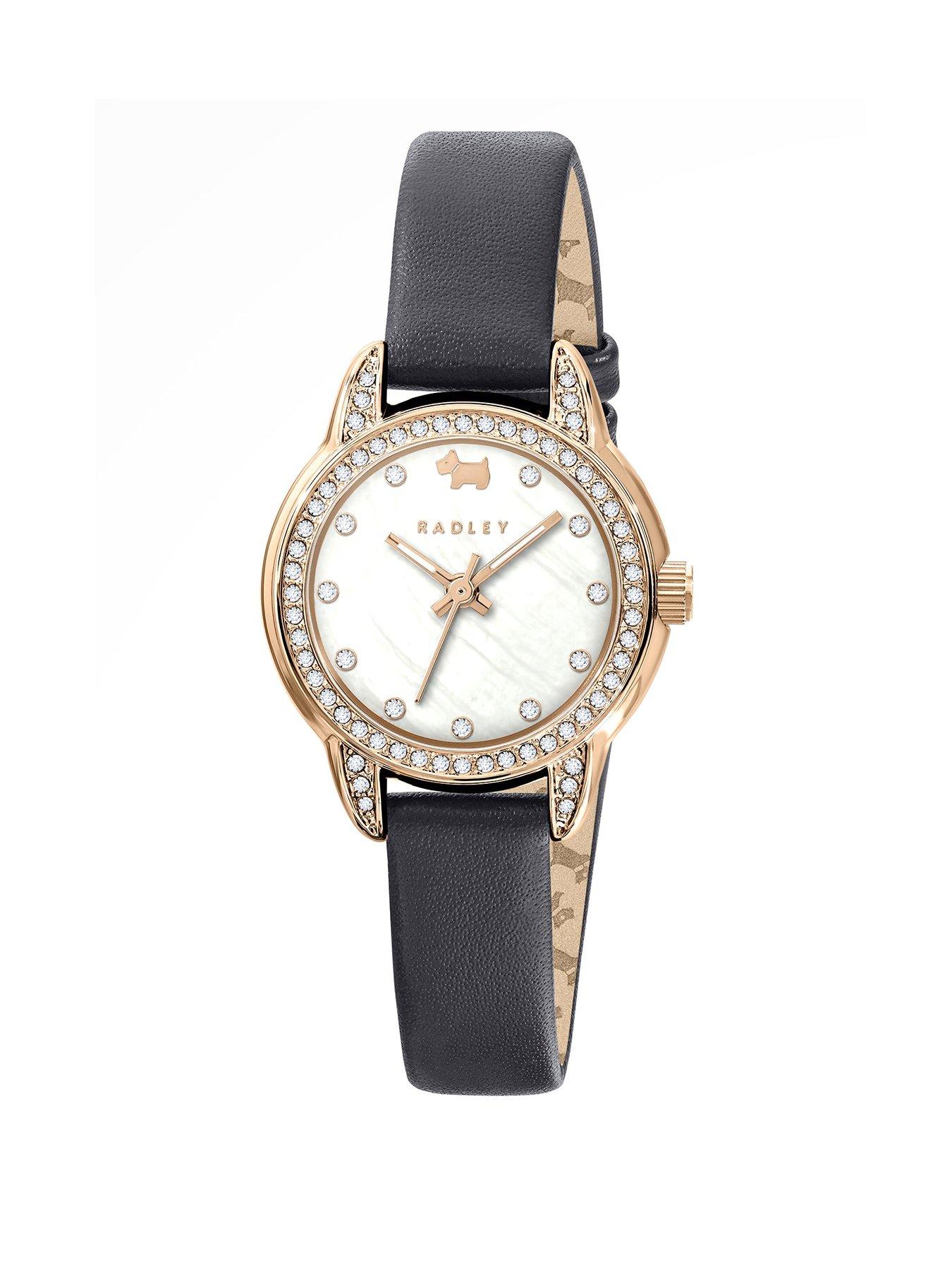 Product photograph of Radley Rose Gold Plated Stone Set Mother Of Pearl Dark Blue Leather Strap Watch from very.co.uk