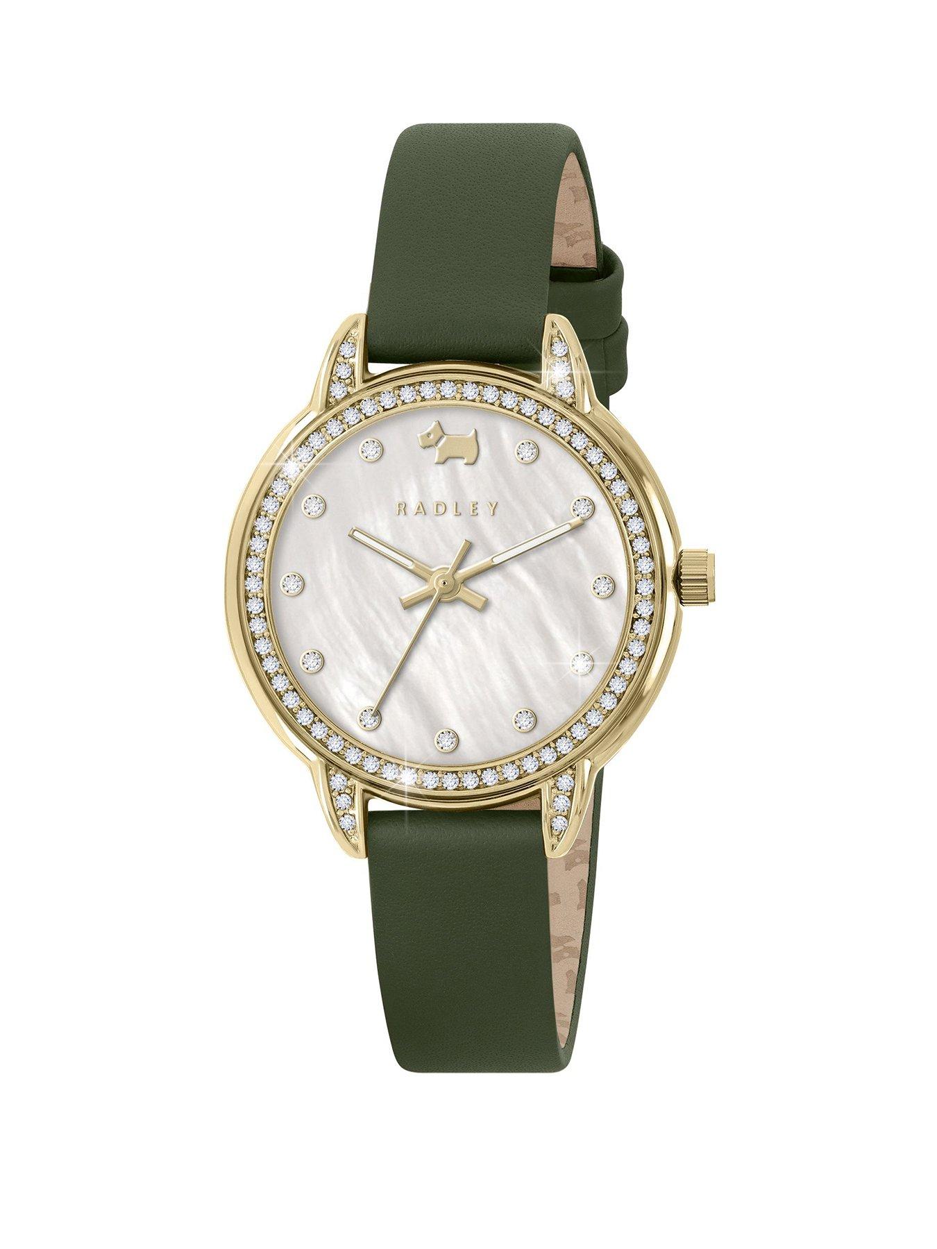 Product photograph of Radley Gold Plated Stone Set Dark Green Leather Strap Watch from very.co.uk