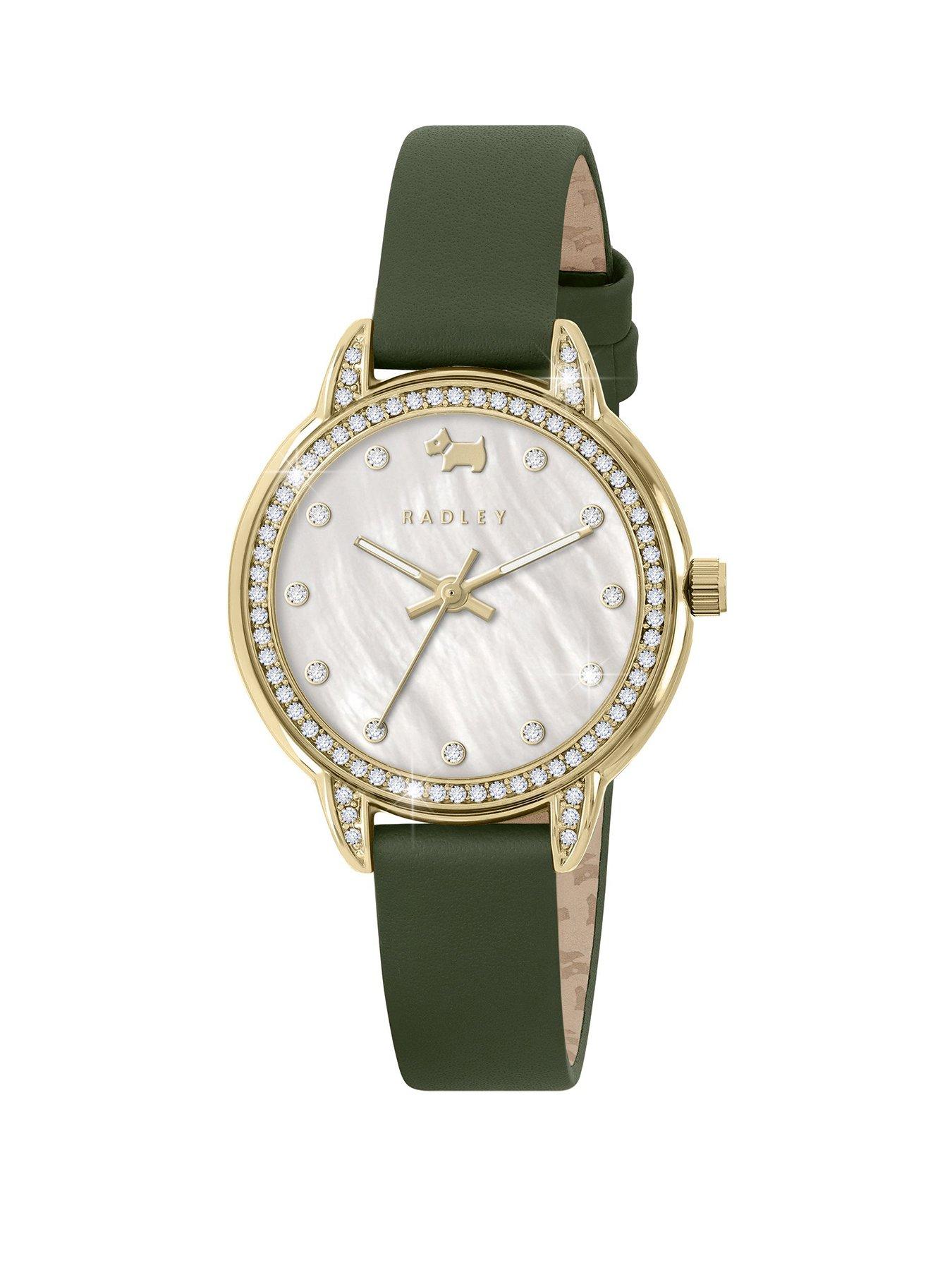 undefined Gold Plated Stone Set Dark Green Leather Strap Watch