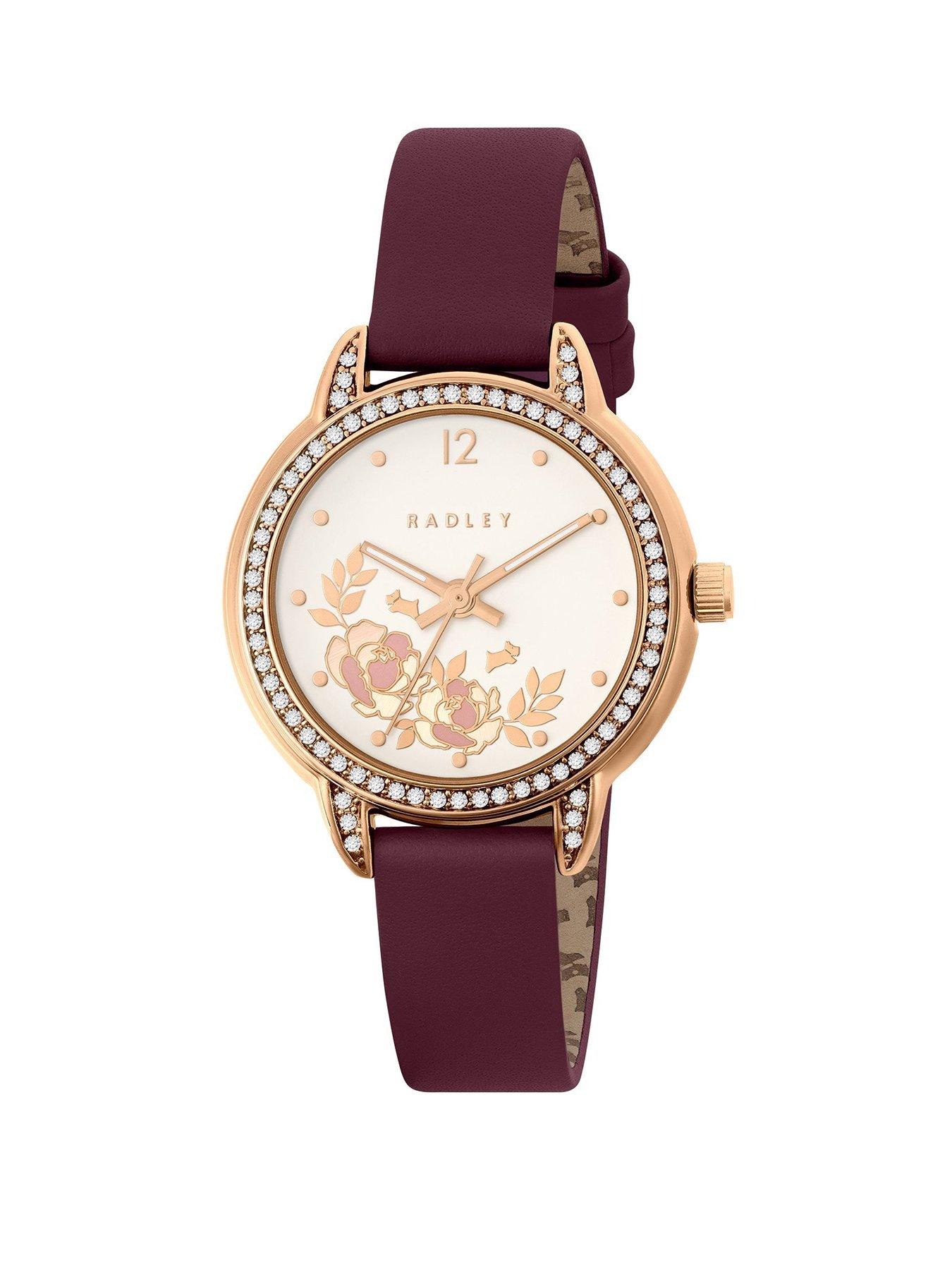 Product photograph of Radley Rose Gold Plated Stone Set Cranberry Red Leather Strap Watch from very.co.uk