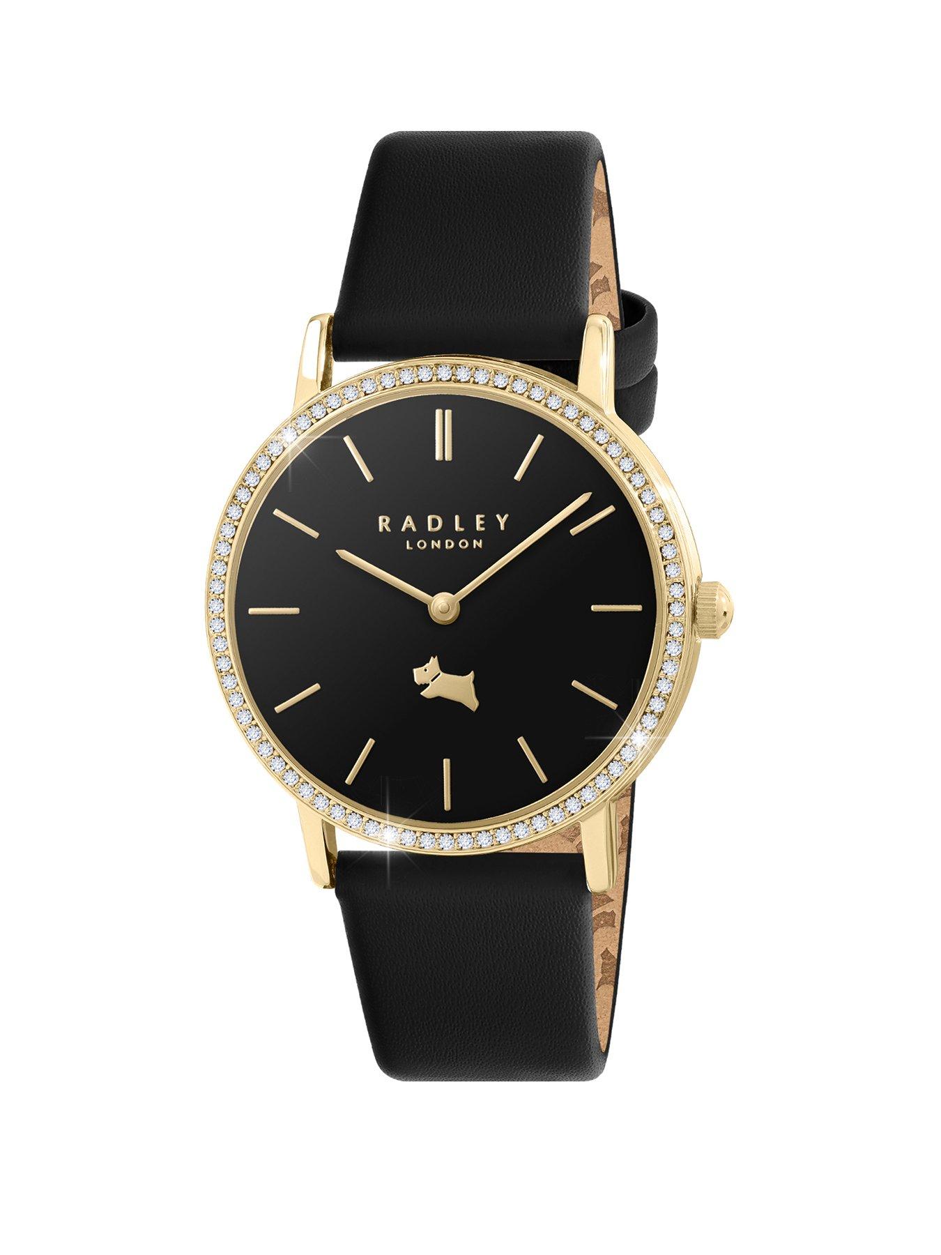 Product photograph of Radley Gold Plated Stone Set Black Leather Strap Watch from very.co.uk