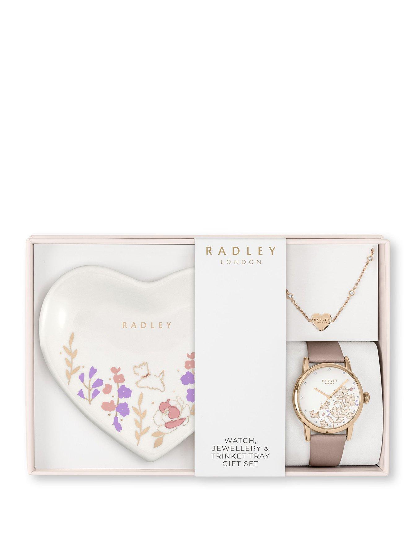 Product photograph of Radley Rose Gold Plated Pink Leather Watch 18ct Rose Gold Plated Charm Bracelet Heart Ceramic Trinket Tray Set from very.co.uk