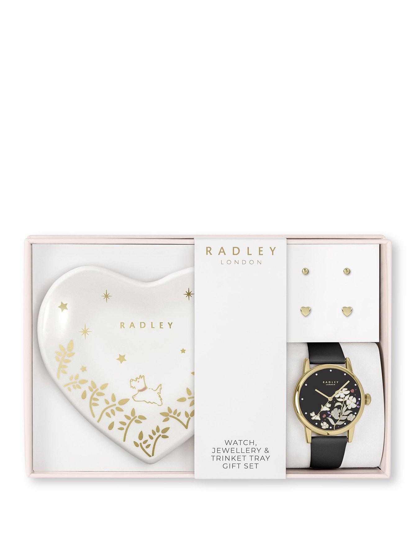 Product photograph of Radley Radley Gold Plated Black Leather Strap Watch 18ct Gold Plated Heart Twin Pack Earrings Amp Heart Ceramic Trinket Tray Set from very.co.uk