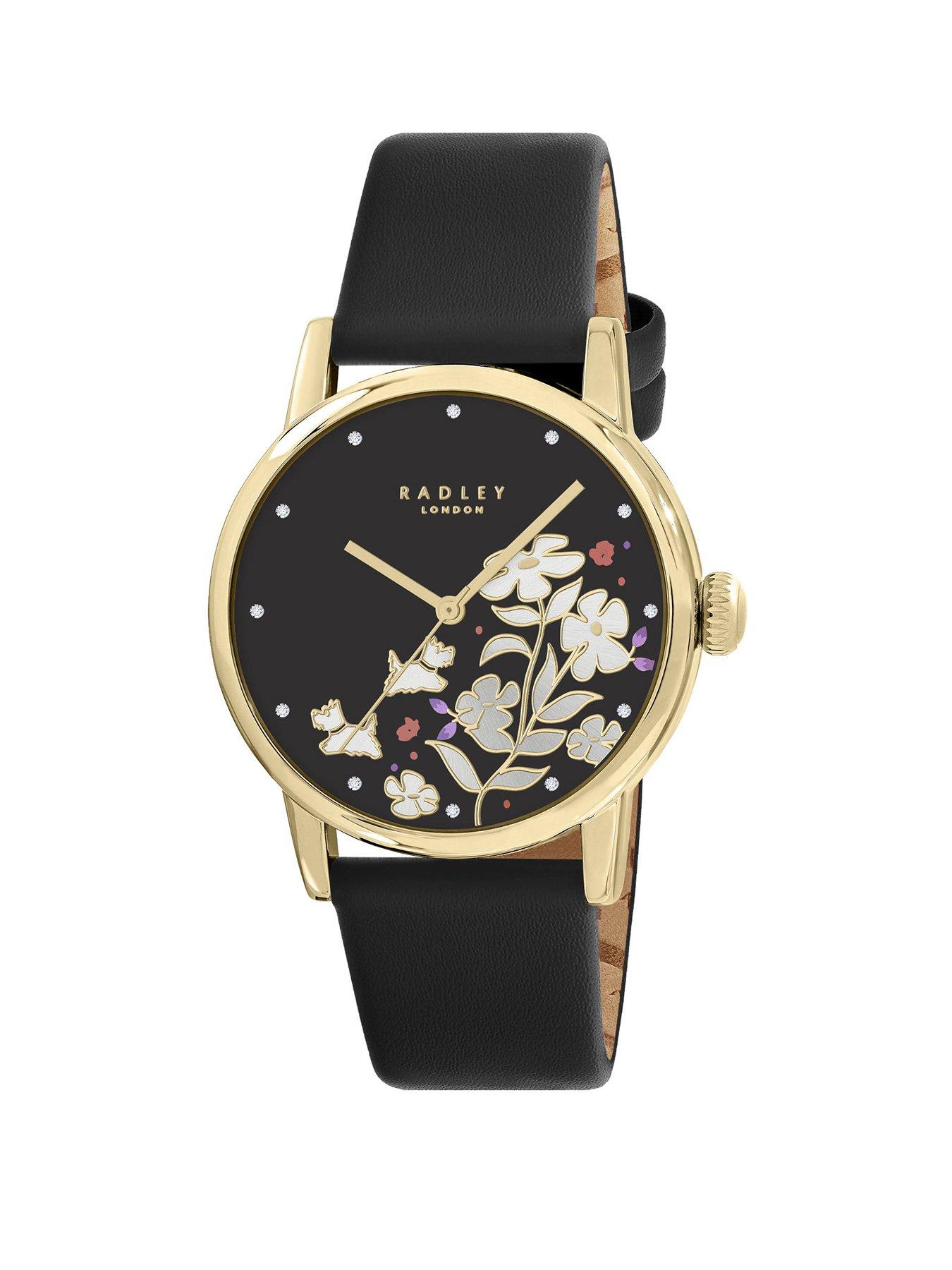 Image 2 of 6 of Radley Gold Plated Black Leather Strap Watch, 18ct Gold Plated Heart Twin Pack Earrings &amp; Heart Ceramic Trinket Tray Set