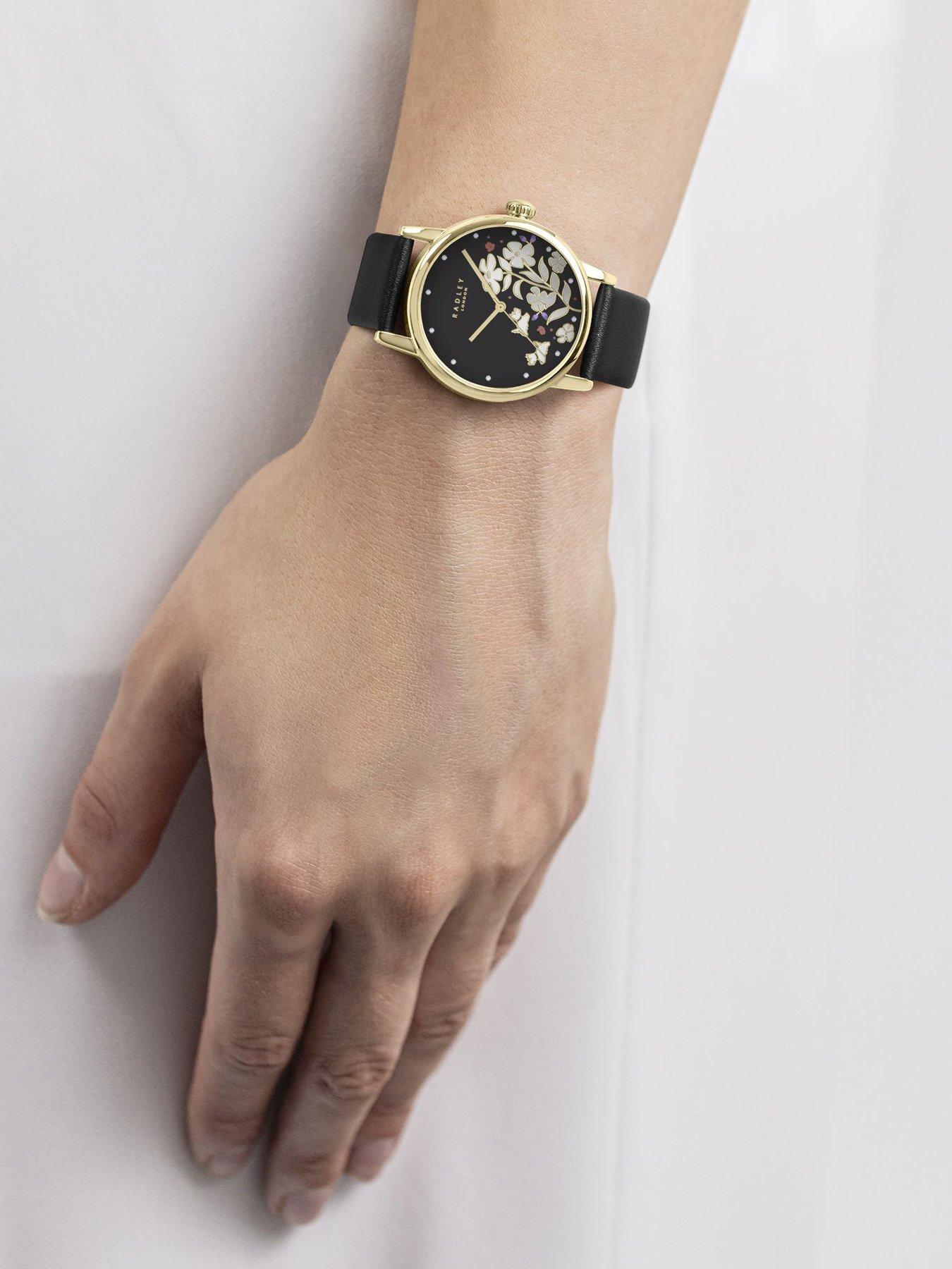 Image 3 of 6 of Radley Gold Plated Black Leather Strap Watch, 18ct Gold Plated Heart Twin Pack Earrings &amp; Heart Ceramic Trinket Tray Set