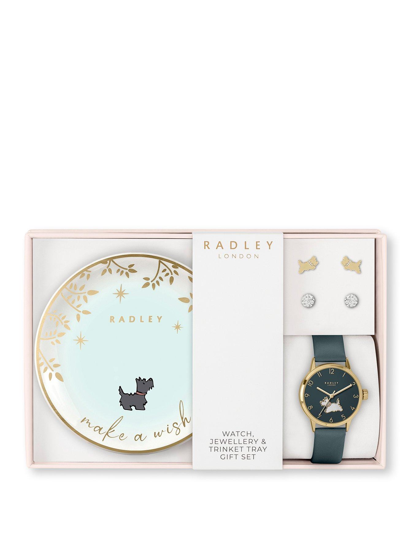 Product photograph of Radley Gold Plated Deep Sea Leather Strap Watch 18ct Gold Plated Twin Pack Earrings Ceramic Trinket Tray Set from very.co.uk