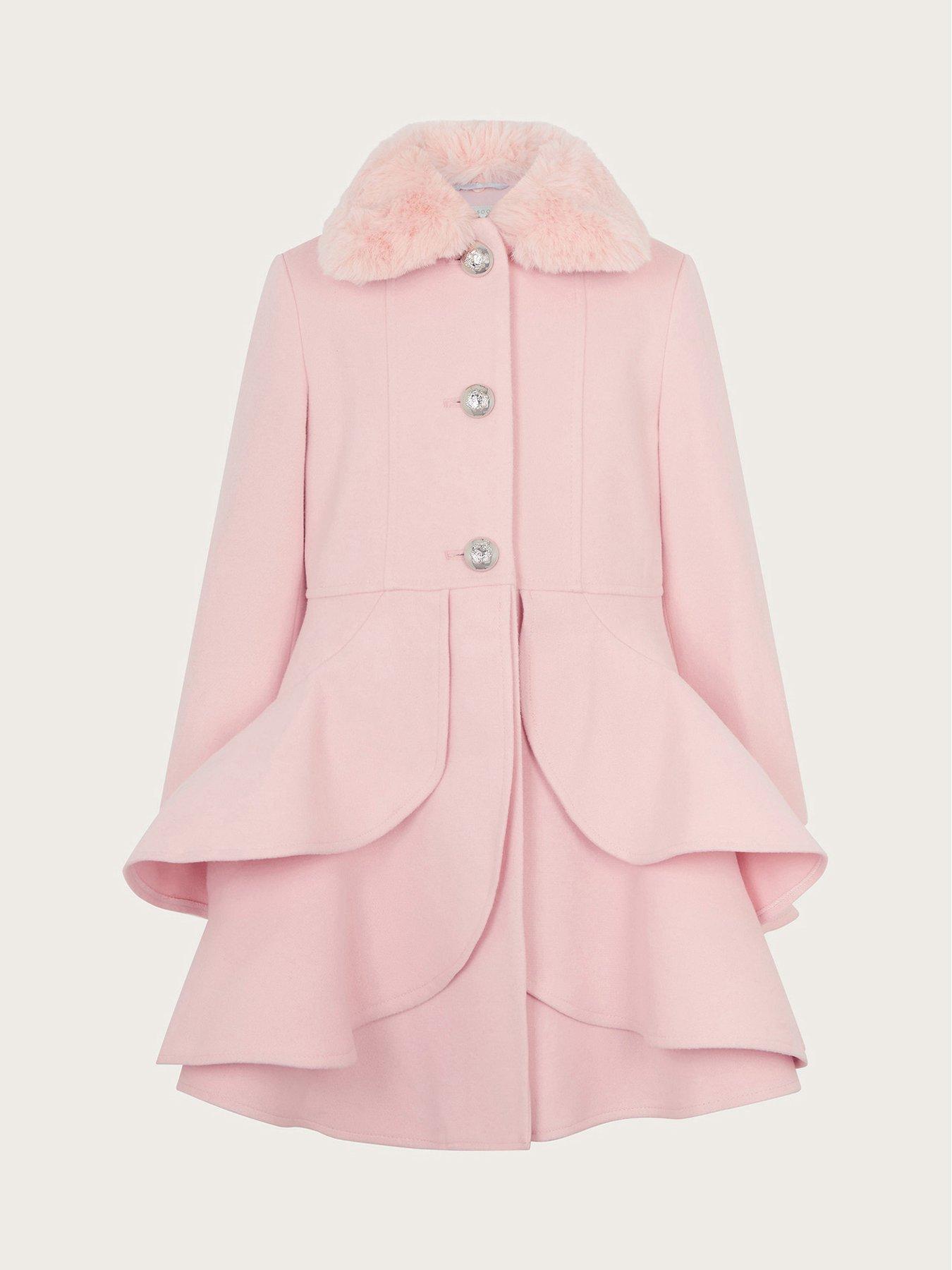 Monsoon Girls Asher Faux Fur Collar Skirt Coat Pink Very