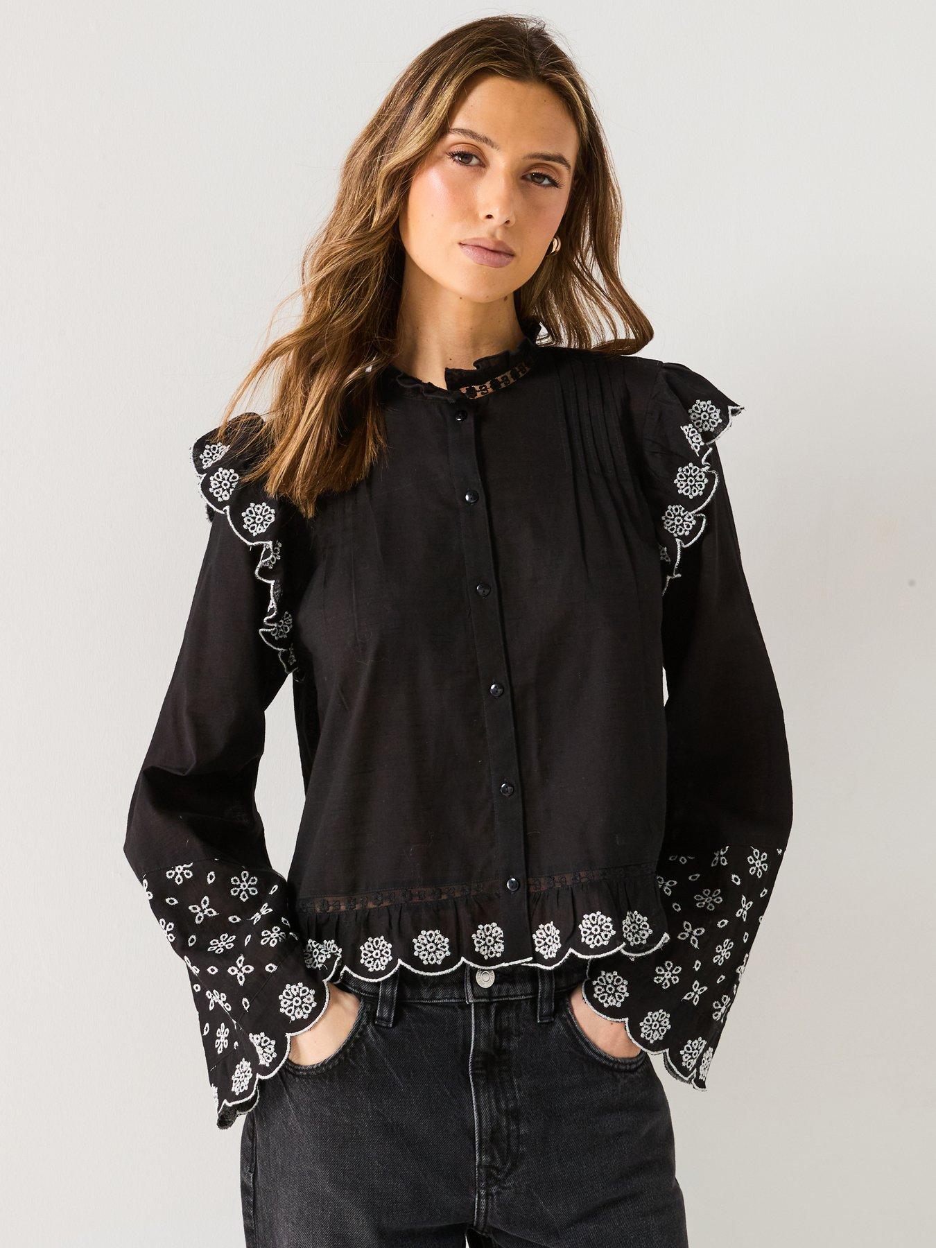 undefined Embroidered Frill Shirt - Black