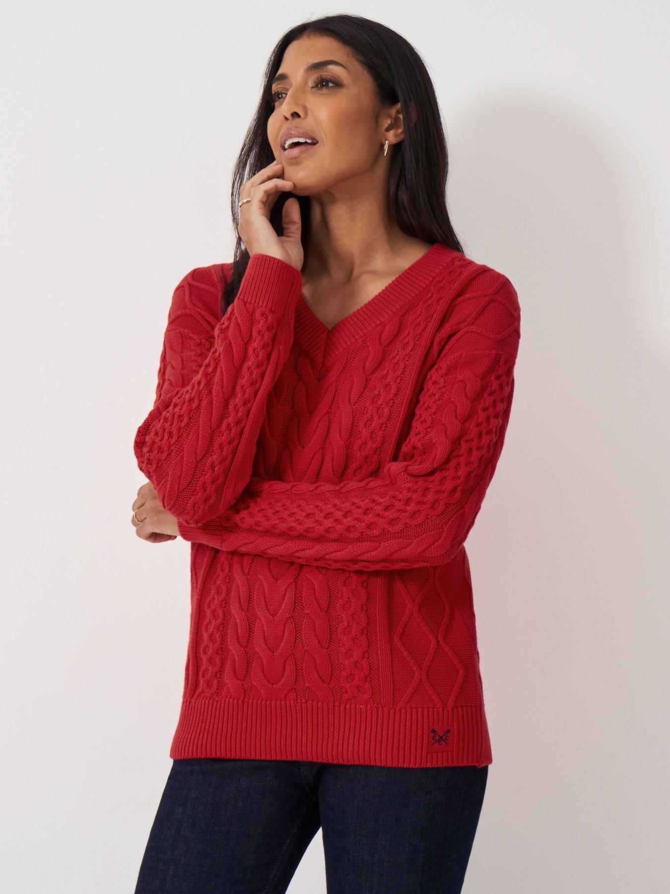Crew Clothing V-Neck Cable Knit Jumper Red Very