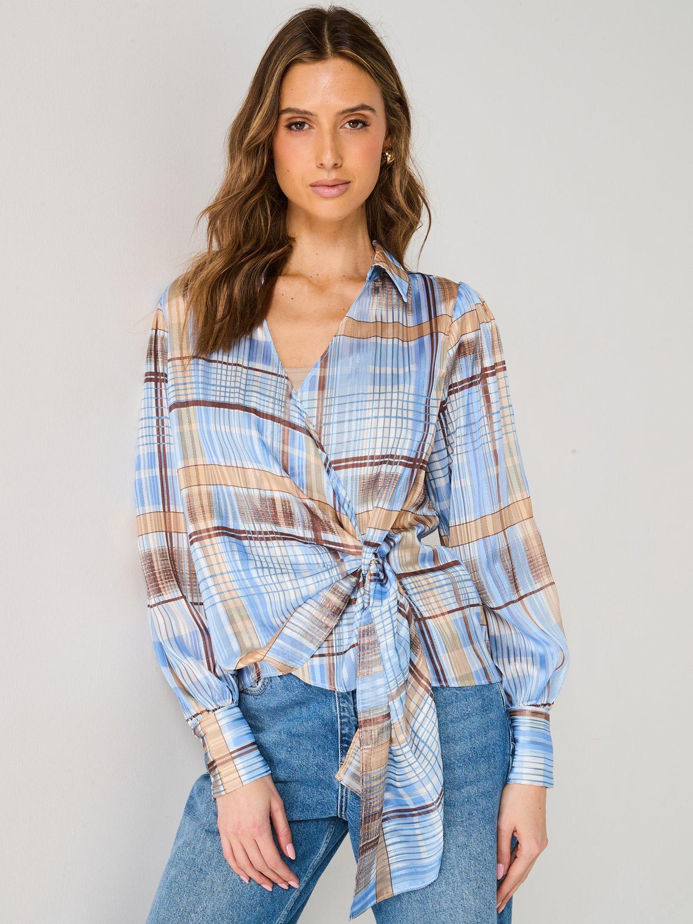 undefined Wrap Check Blouse - Blue