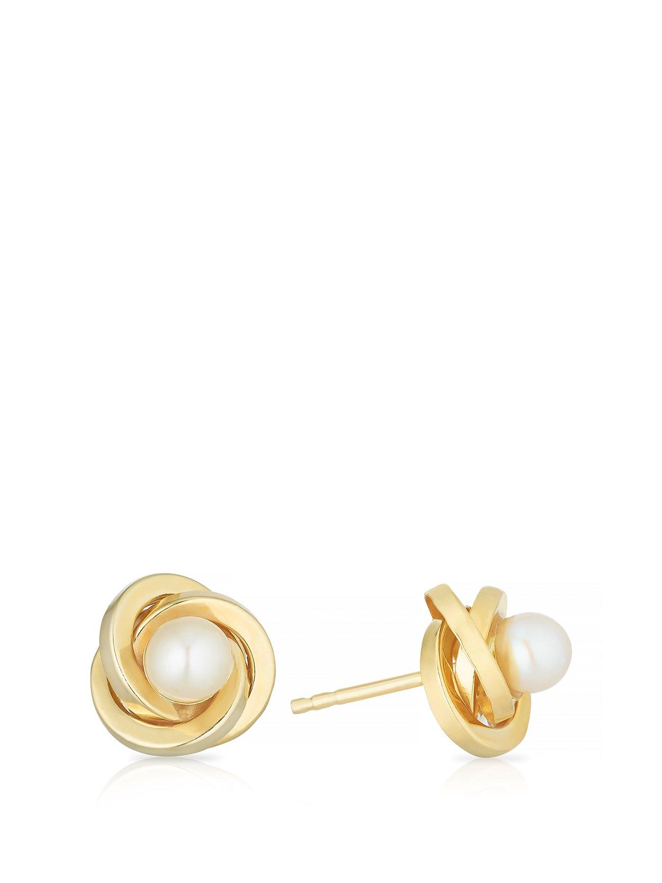 Product photograph of Ernest Jones 9ct Yellow Gold Pearl Knot Stud Earrings from very.co.uk