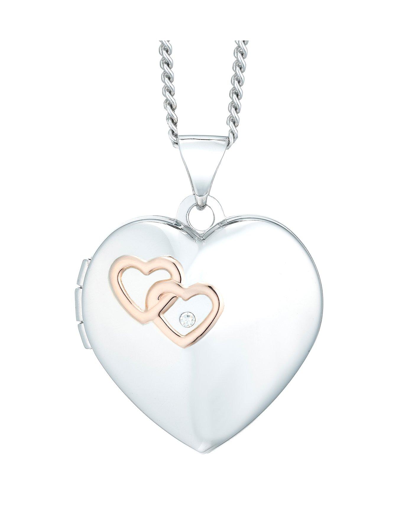 undefined Sterling Silver & 9ct Rose Gold 18 Inch Diamond Heart Locket