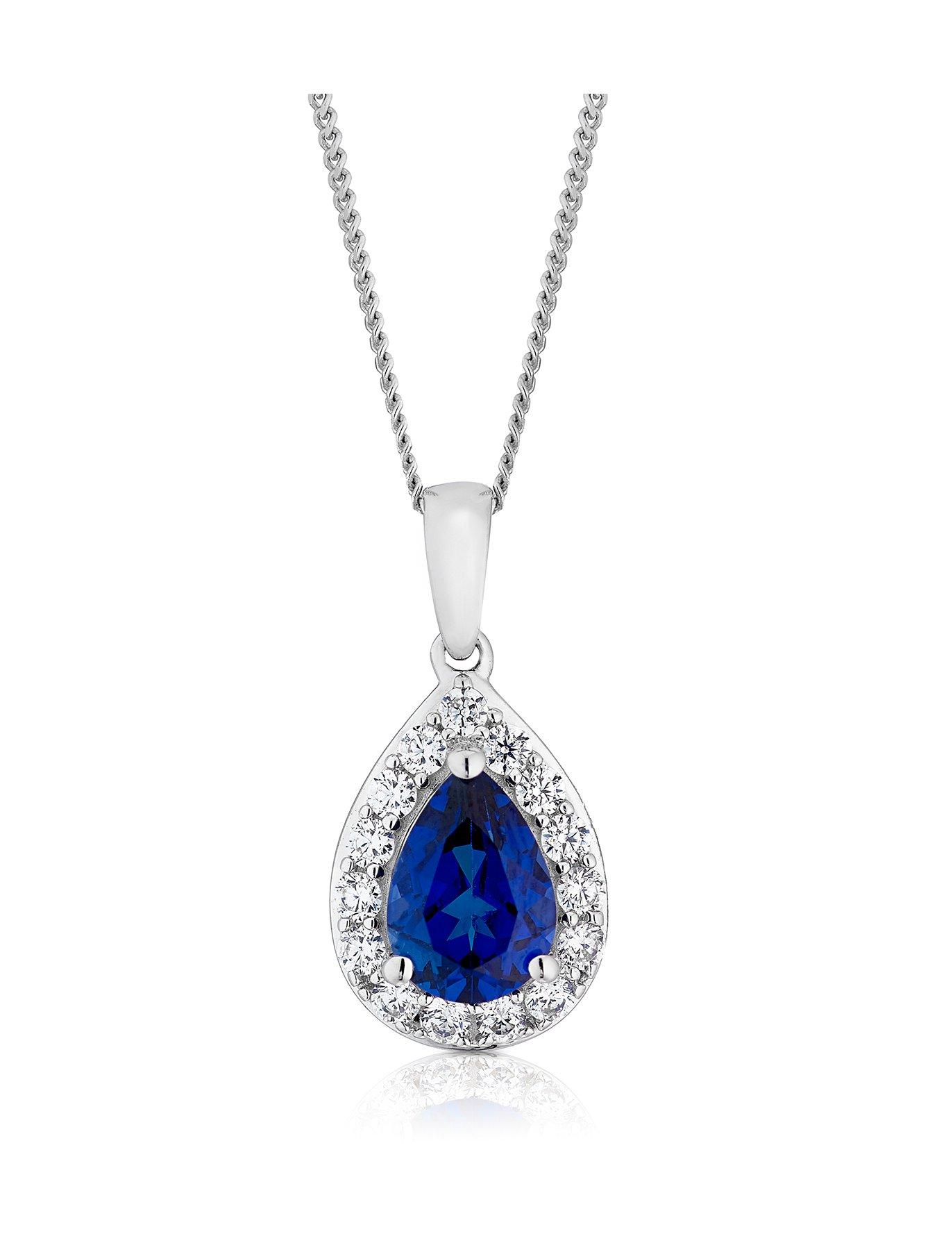 undefined 9ct White Gold Created Sapphire & CZ Pear Cluster Pendant