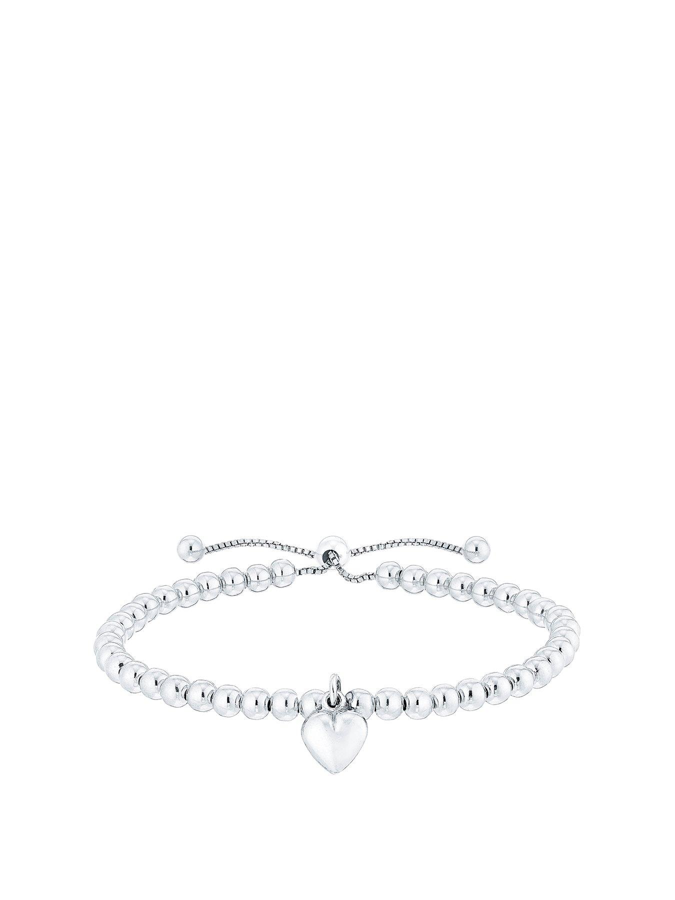 Product photograph of Ernest Jones Sterling Silver 7 Inch Beaded Heart Adjustable Bracelet from very.co.uk