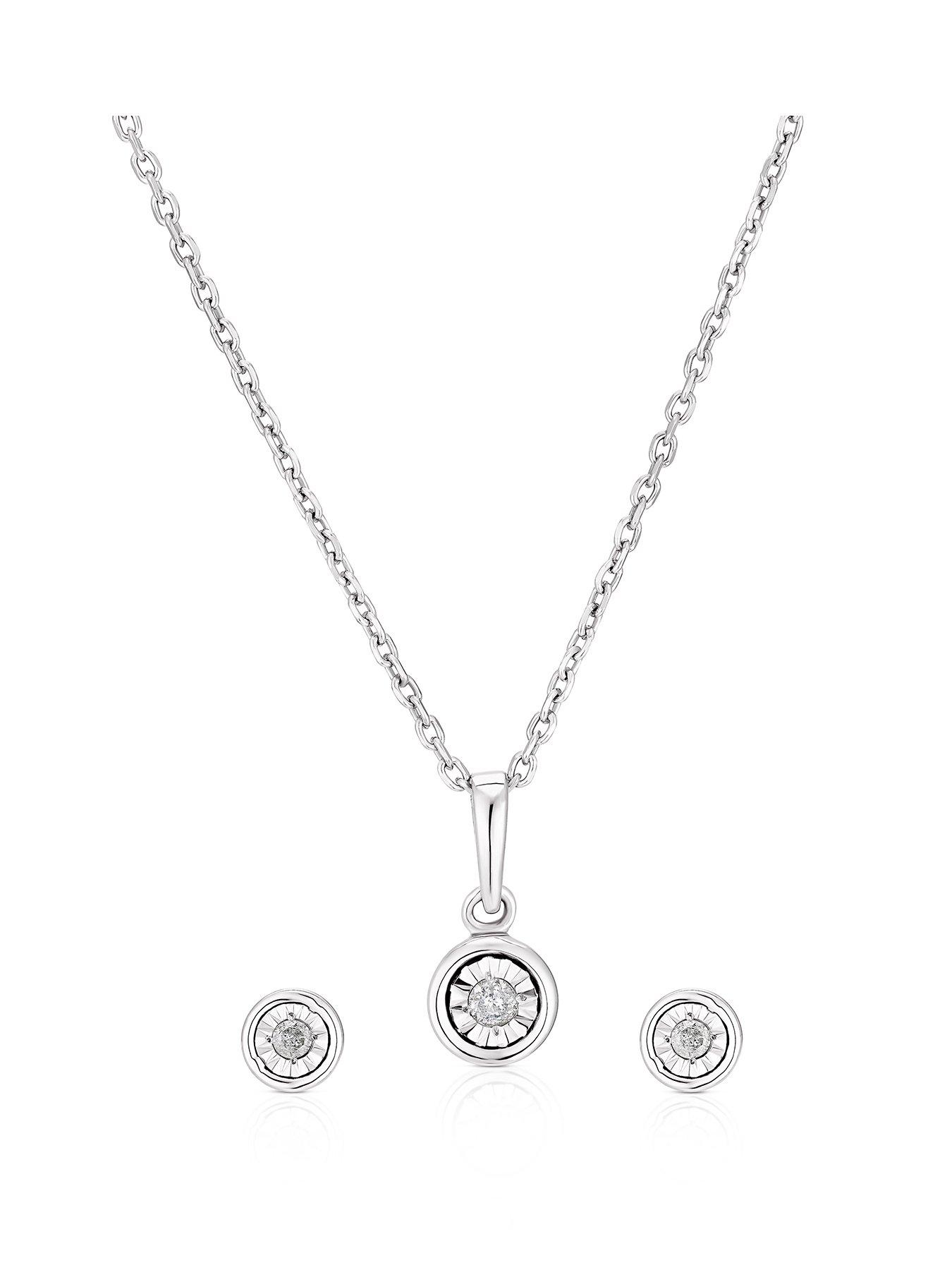 undefined Sterling Silver Diamond Bezel Stud & Pendant Set