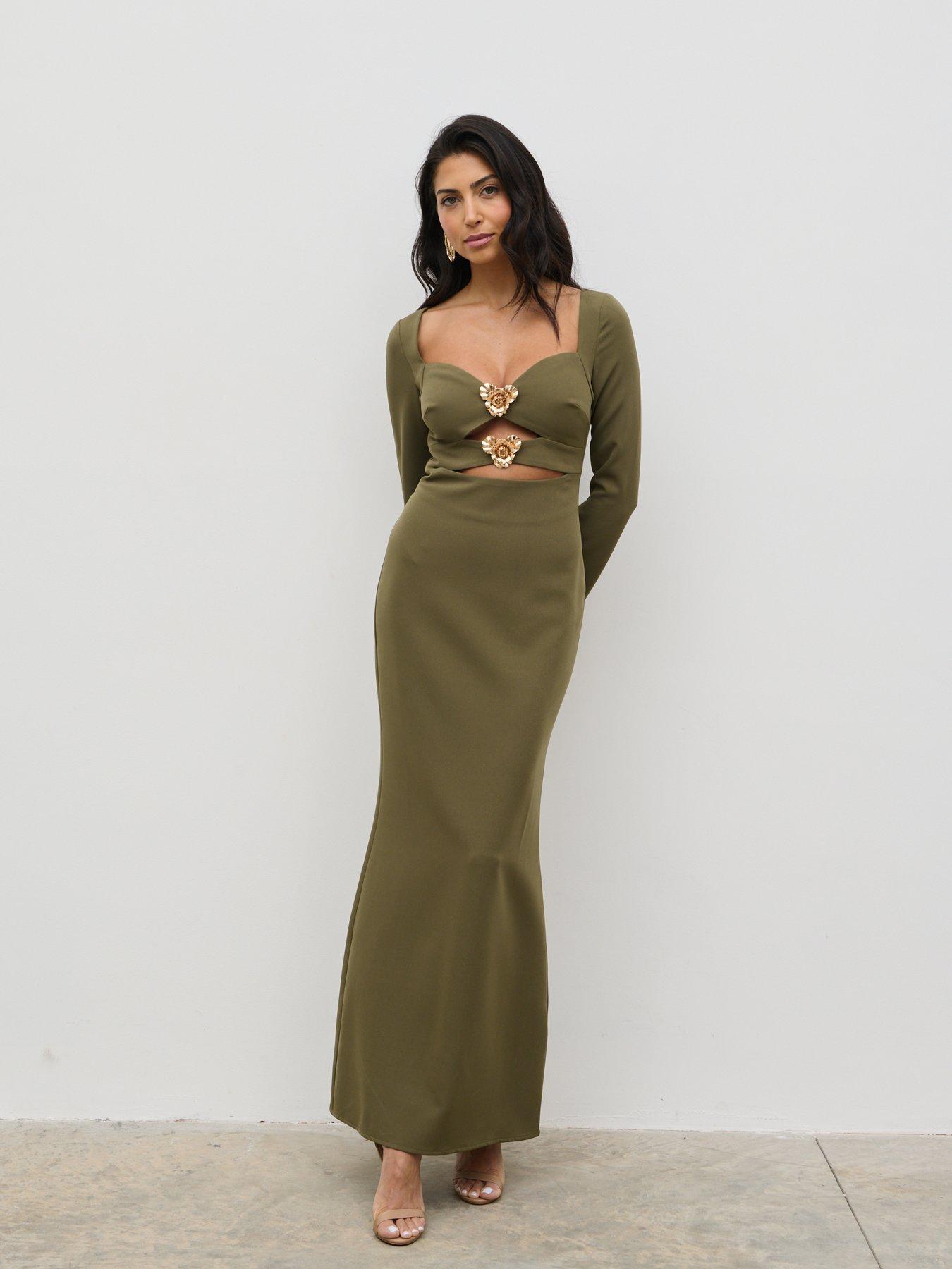 undefined Corrine Gold Trim Cut Out Maxi Dress - Olive
