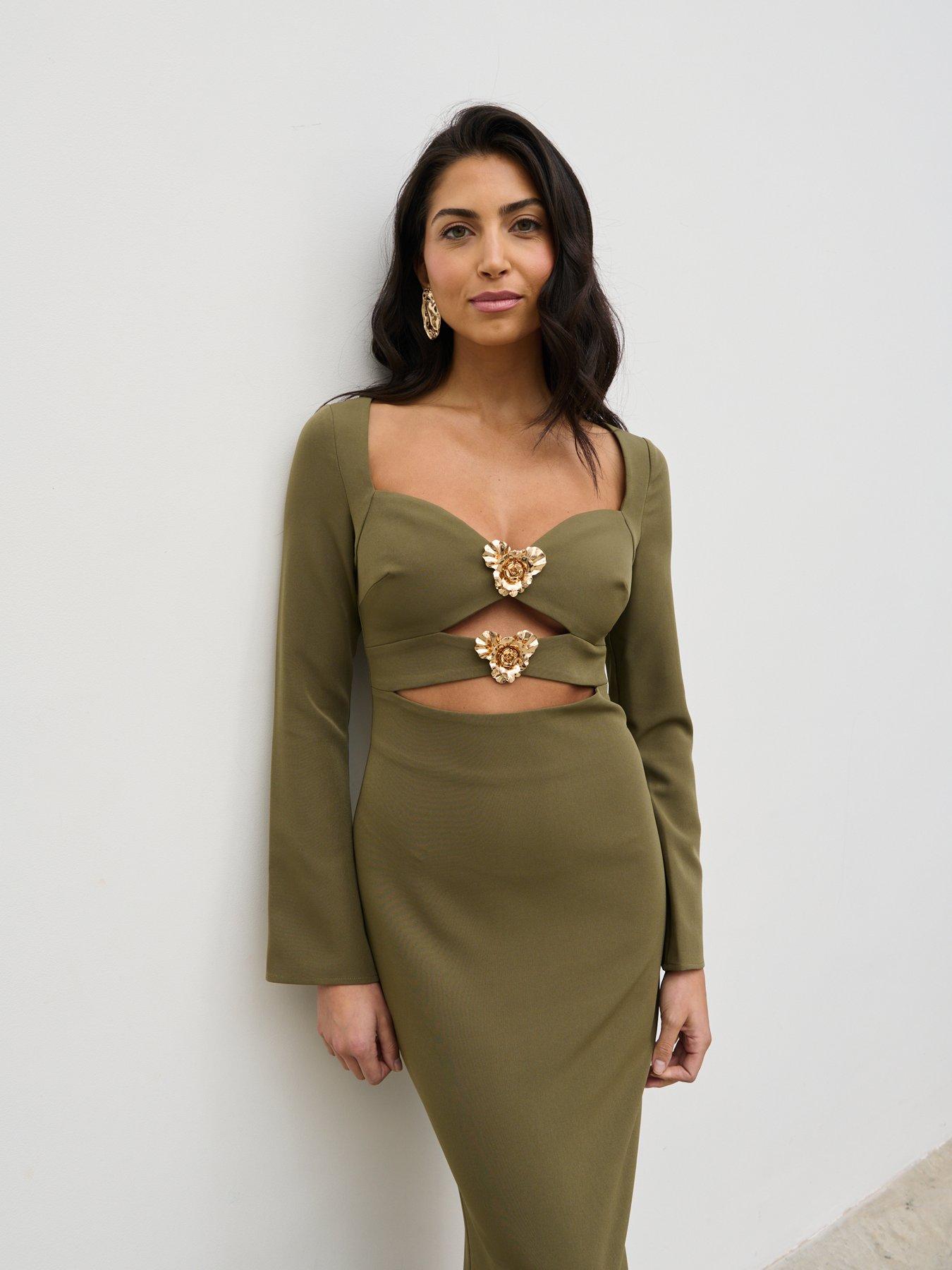 Image 2 of 5 of Pretty Lavish Corrine Gold Trim Cut Out Maxi Dress - Olive