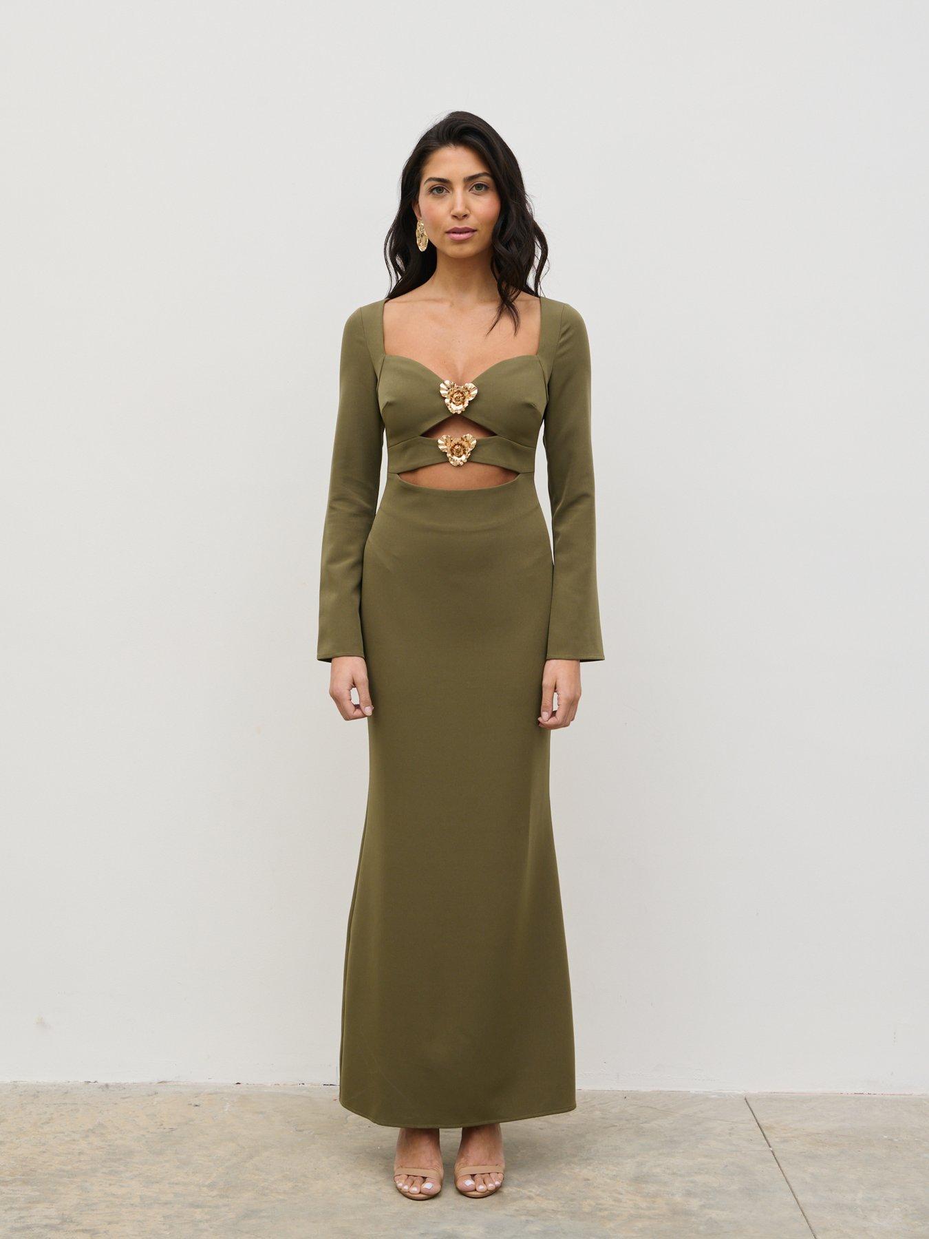 Image 3 of 5 of Pretty Lavish Corrine Gold Trim Cut Out Maxi Dress - Olive