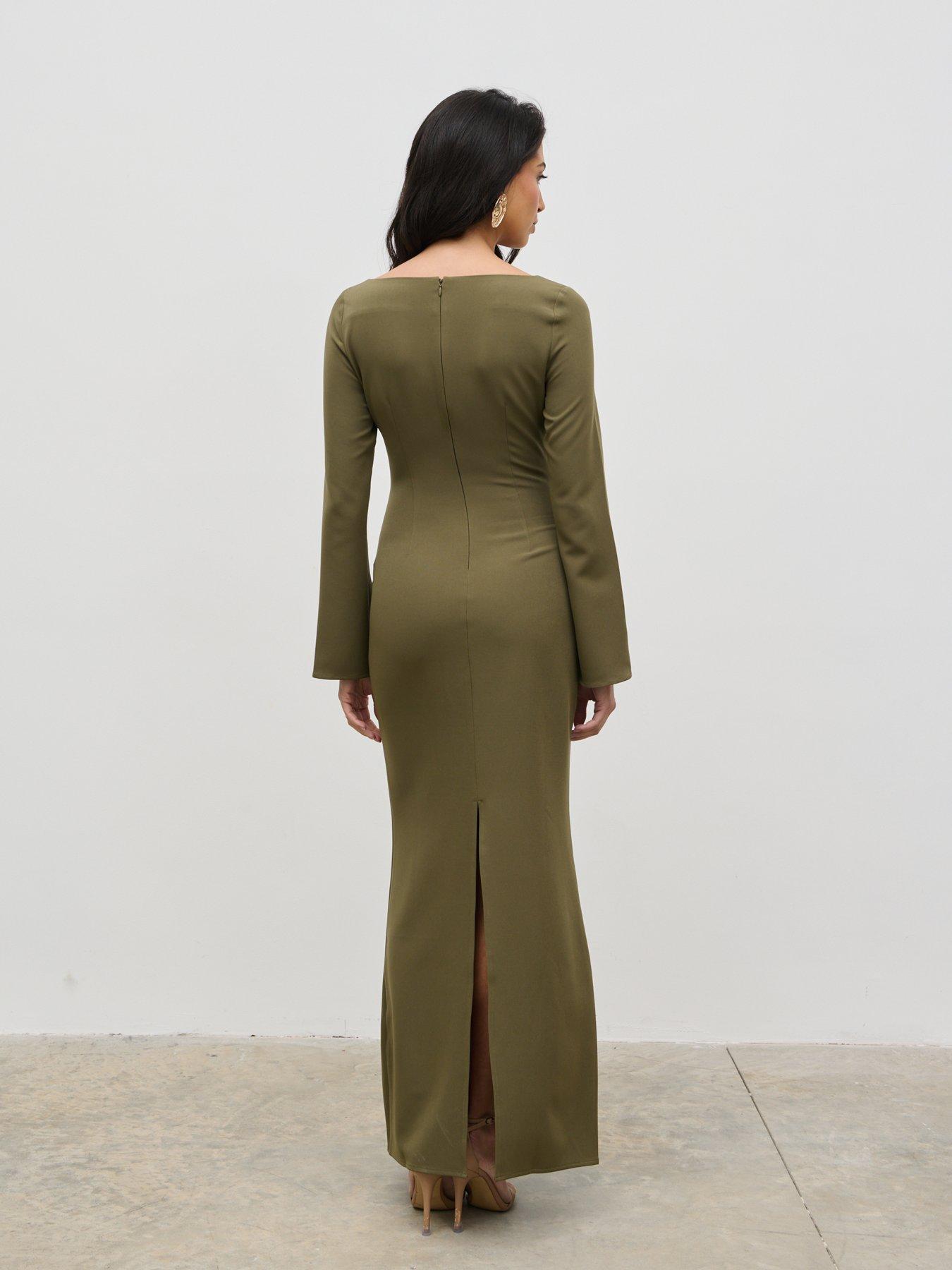 Image 4 of 5 of Pretty Lavish Corrine Gold Trim Cut Out Maxi Dress - Olive