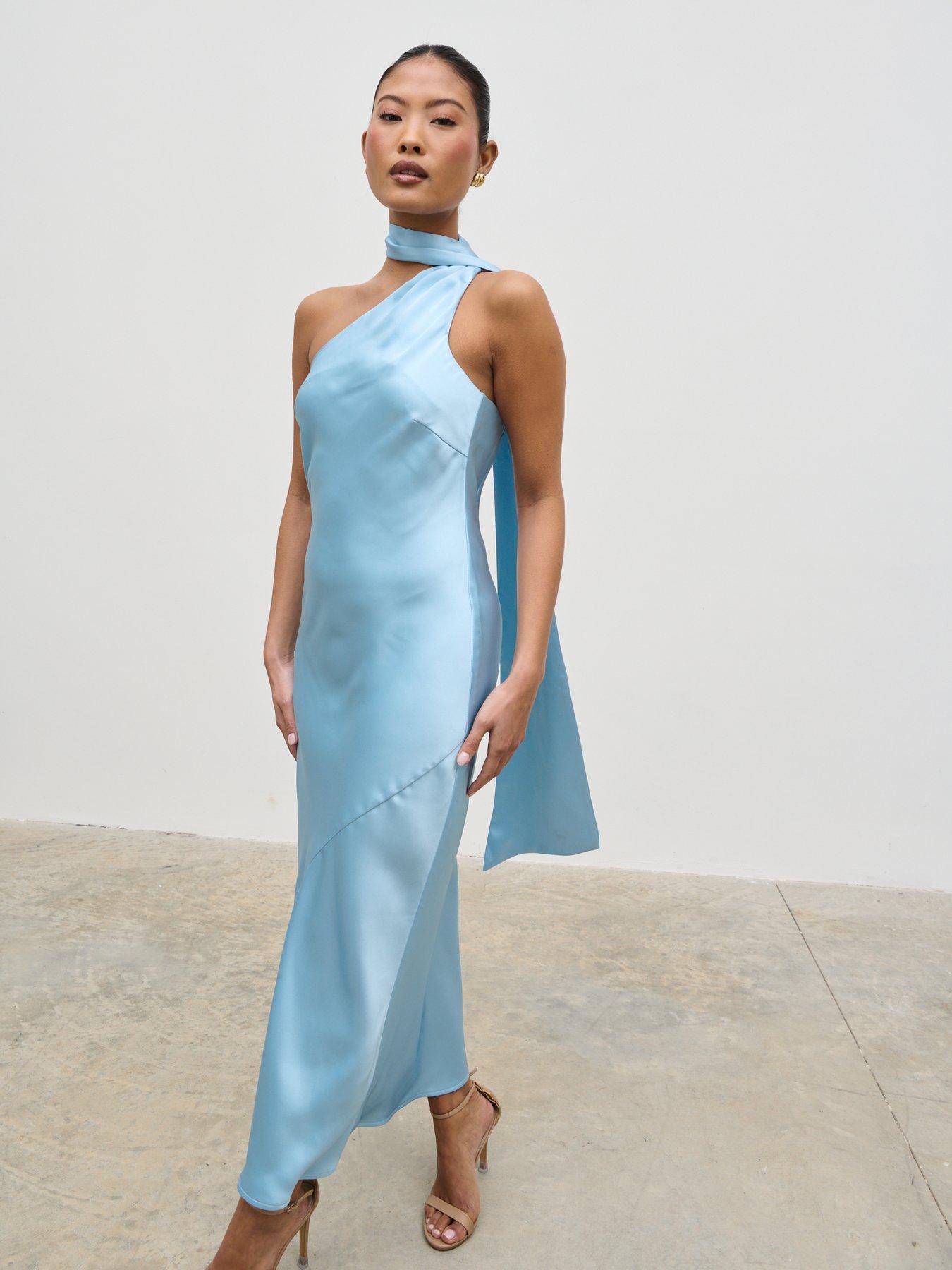 Image 4 of 6 of Pretty Lavish Sheree One Shoulder Scarf Maxi Dress - Sky Blue