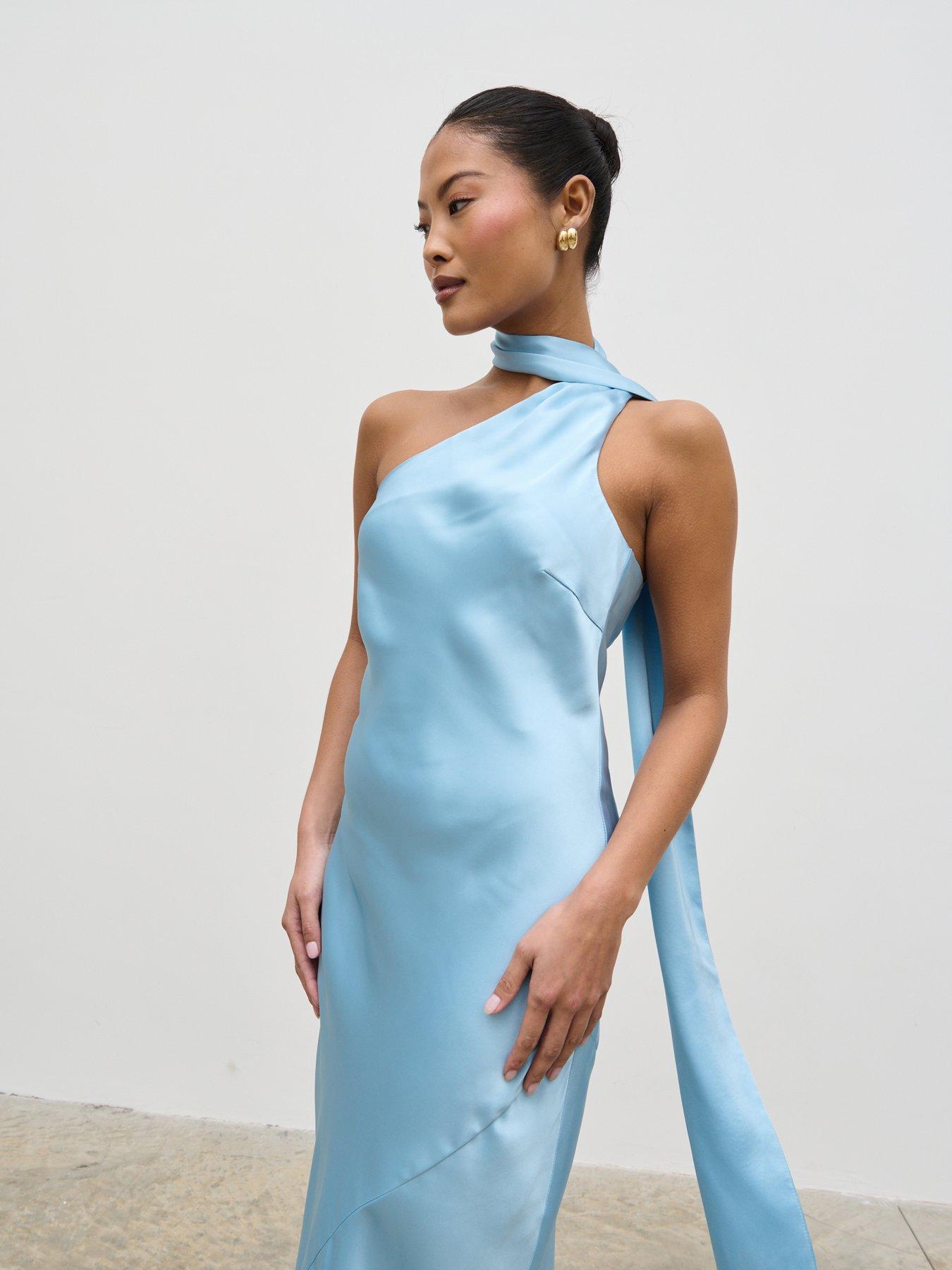 Image 6 of 6 of Pretty Lavish Sheree One Shoulder Scarf Maxi Dress - Sky Blue