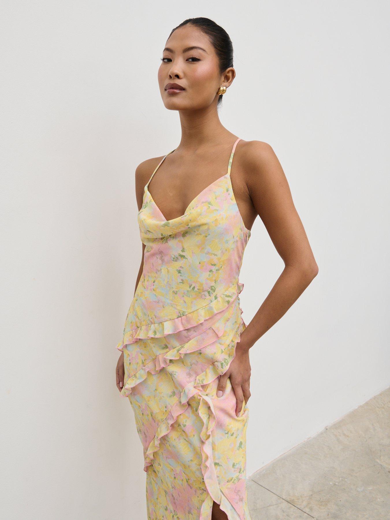 Image 2 of 6 of Pretty Lavish Constance Ruffle Maxi Dress  - Pastel Multi Abstract Floral