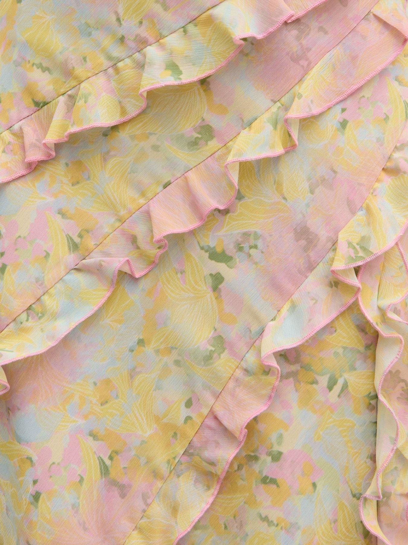 Image 3 of 6 of Pretty Lavish Constance Ruffle Maxi Dress  - Pastel Multi Abstract Floral
