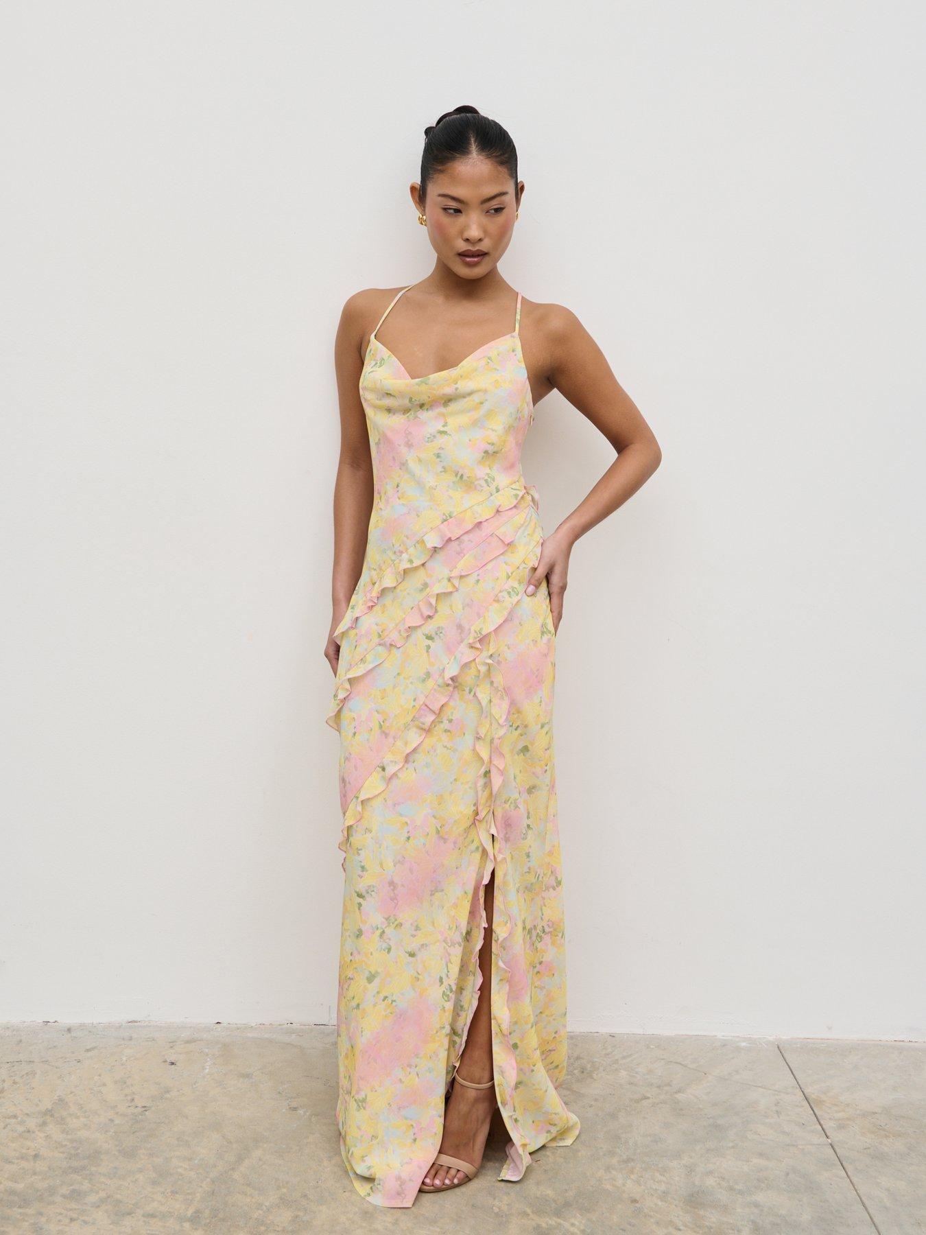 Image 4 of 6 of Pretty Lavish Constance Ruffle Maxi Dress  - Pastel Multi Abstract Floral