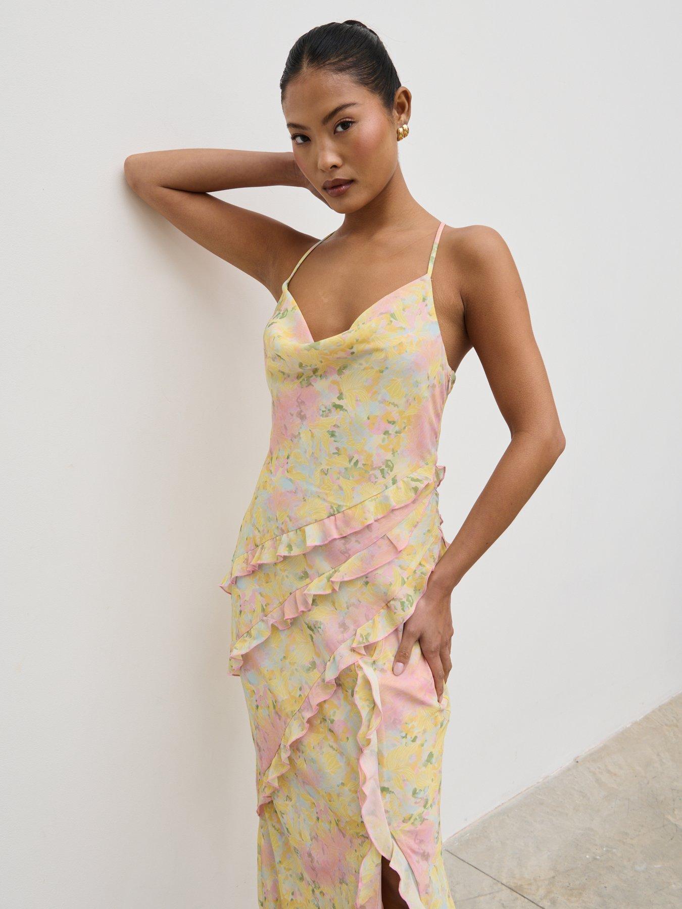 Image 5 of 6 of Pretty Lavish Constance Ruffle Maxi Dress  - Pastel Multi Abstract Floral