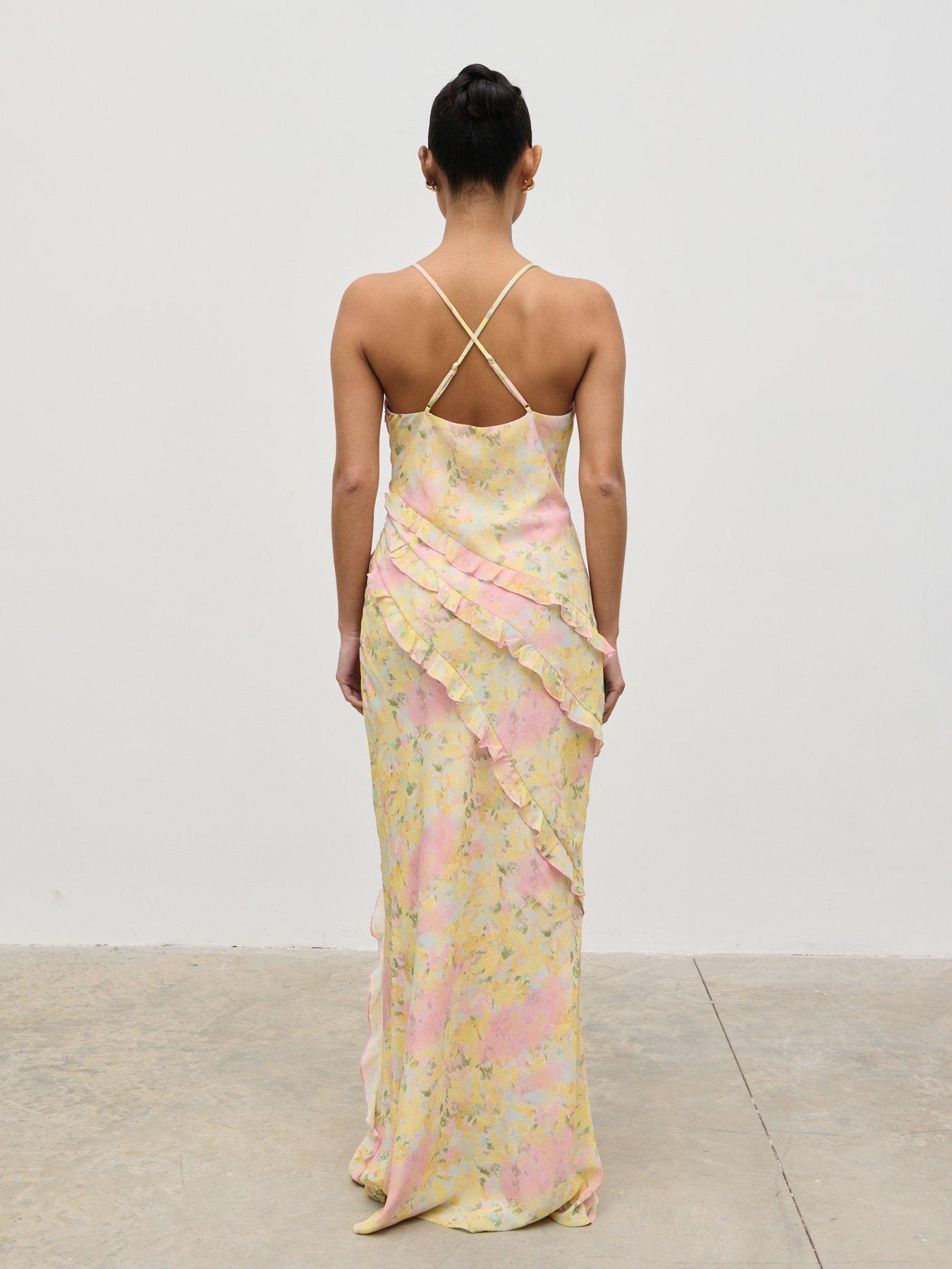 Image 6 of 6 of Pretty Lavish Constance Ruffle Maxi Dress  - Pastel Multi Abstract Floral