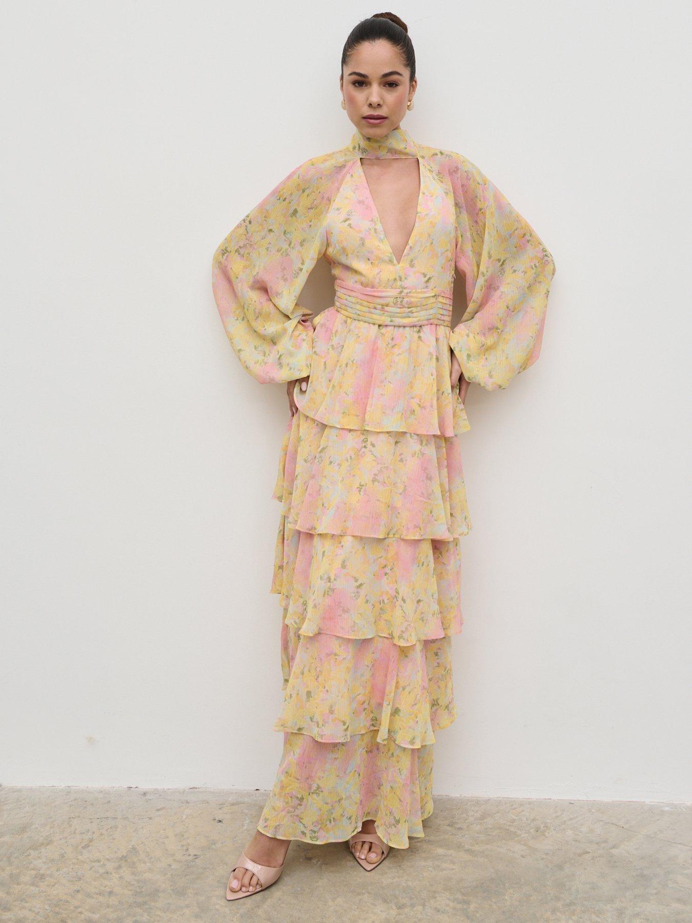 undefined Anya Ruffle Maxi Dress - Pastel Multi Abstract Print