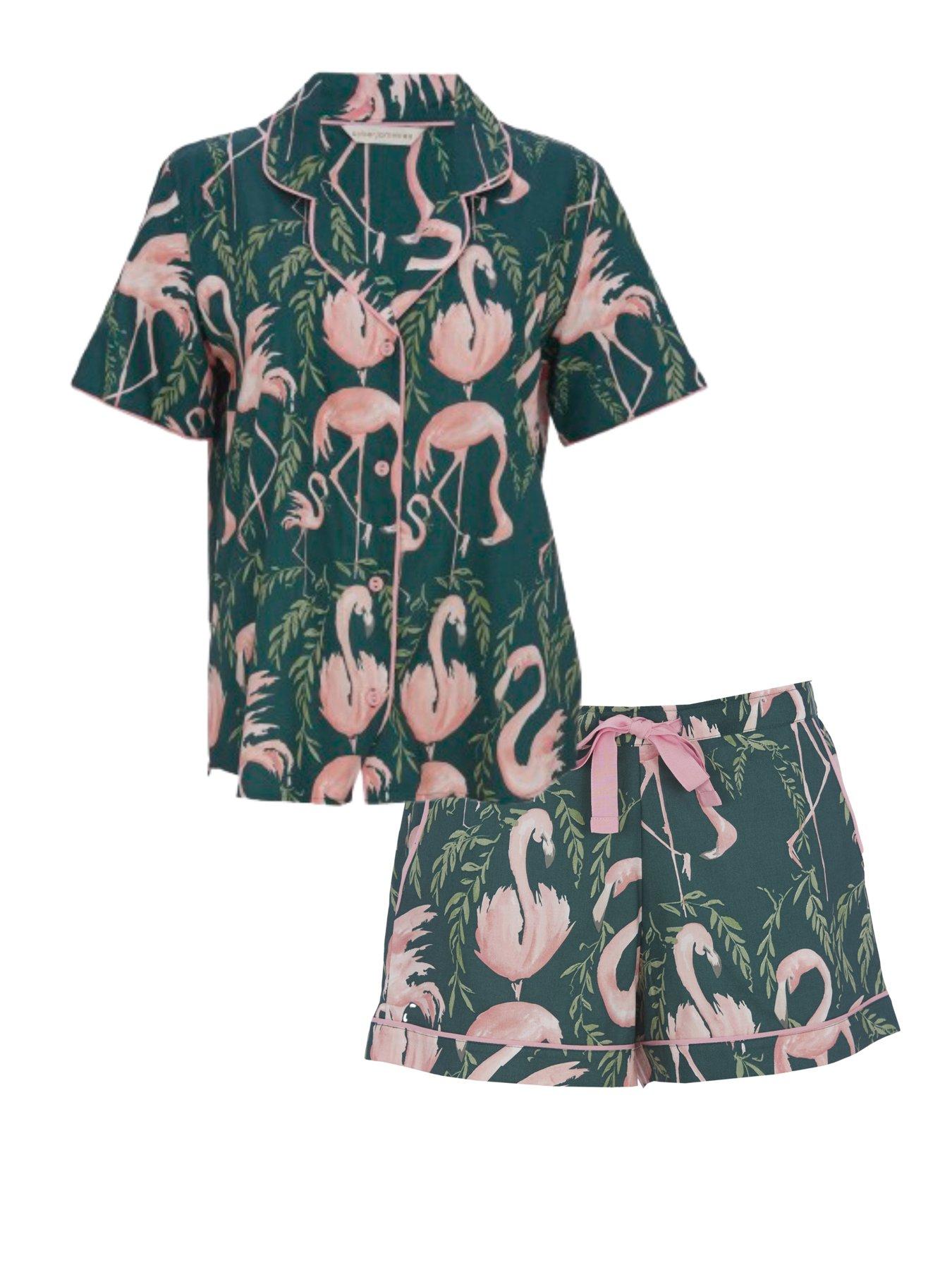 undefined Ivy Emerald Green Flamingo Print S/slv Pyjama Set