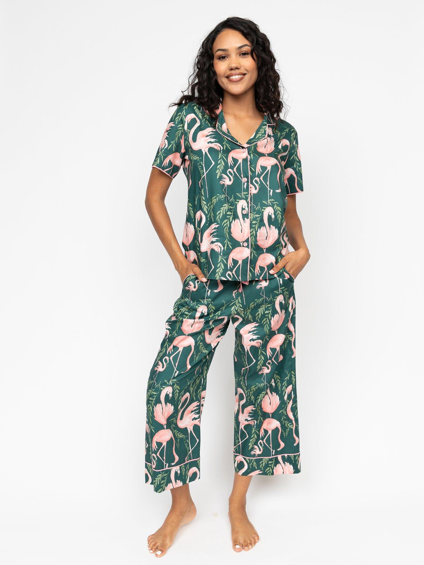 Image 1 of 3 of Cyberjammies Ivy Emerald Flamingo Print Wide Leg Cropped Pyjama Set