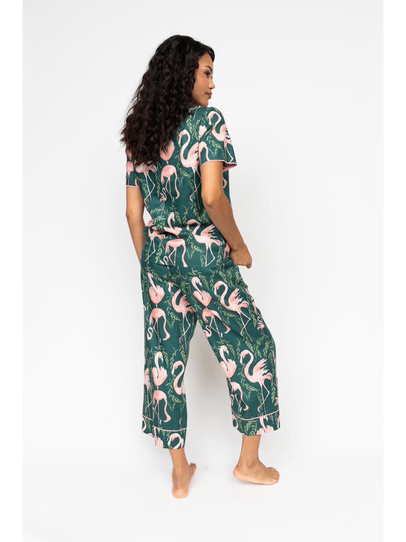 Image 2 of 3 of Cyberjammies Ivy Emerald Flamingo Print Wide Leg Cropped Pyjama Set