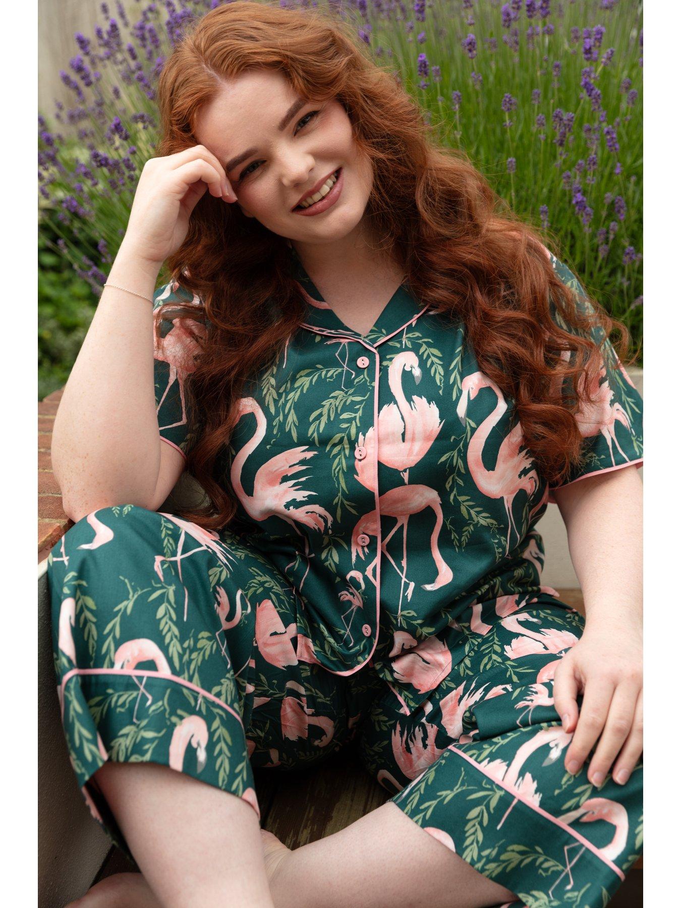 Image 3 of 3 of Cyberjammies Ivy Emerald Flamingo Print Wide Leg Cropped Pyjama Set