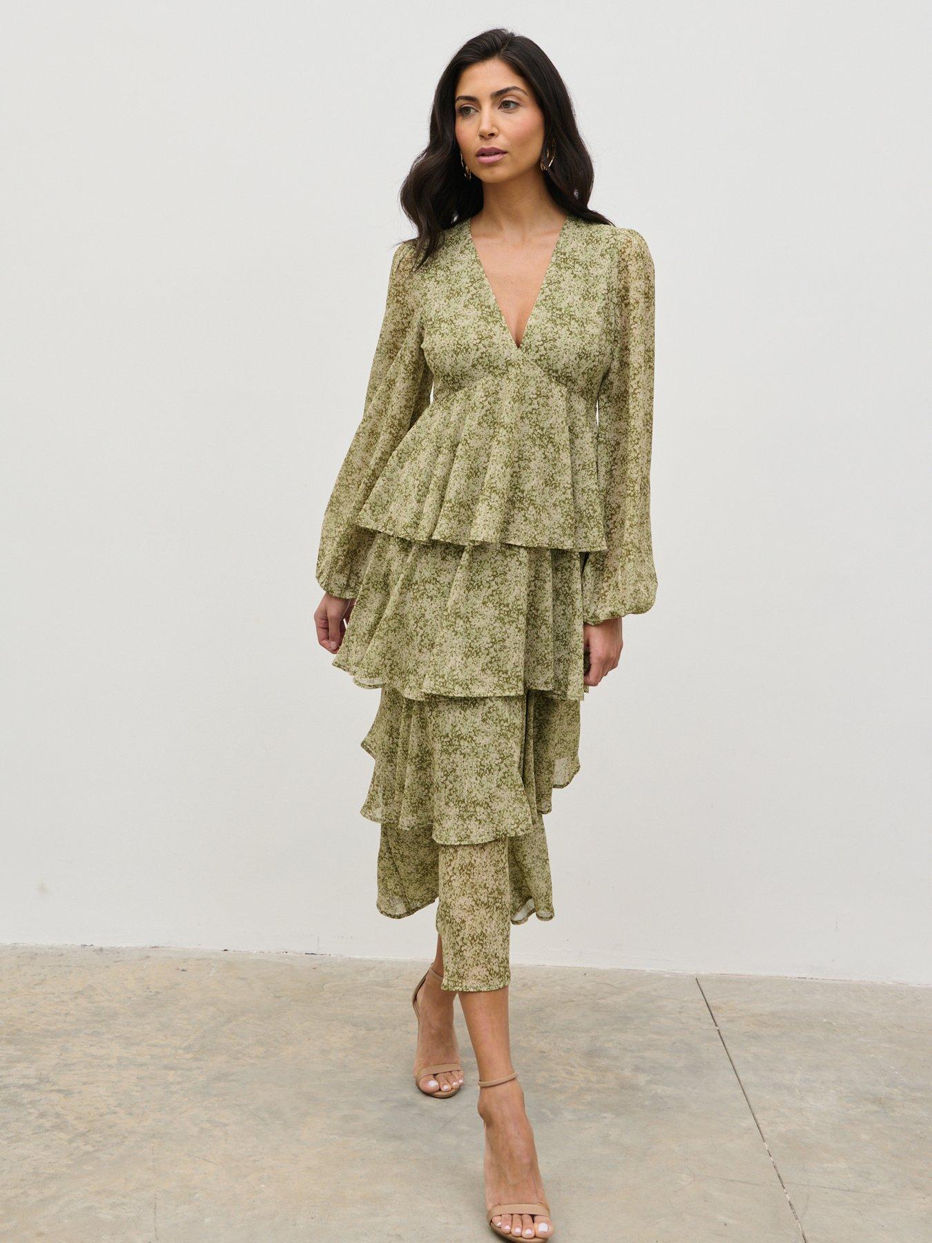 undefined Ashton Ruffle Midaxi Dress - Green Abstract