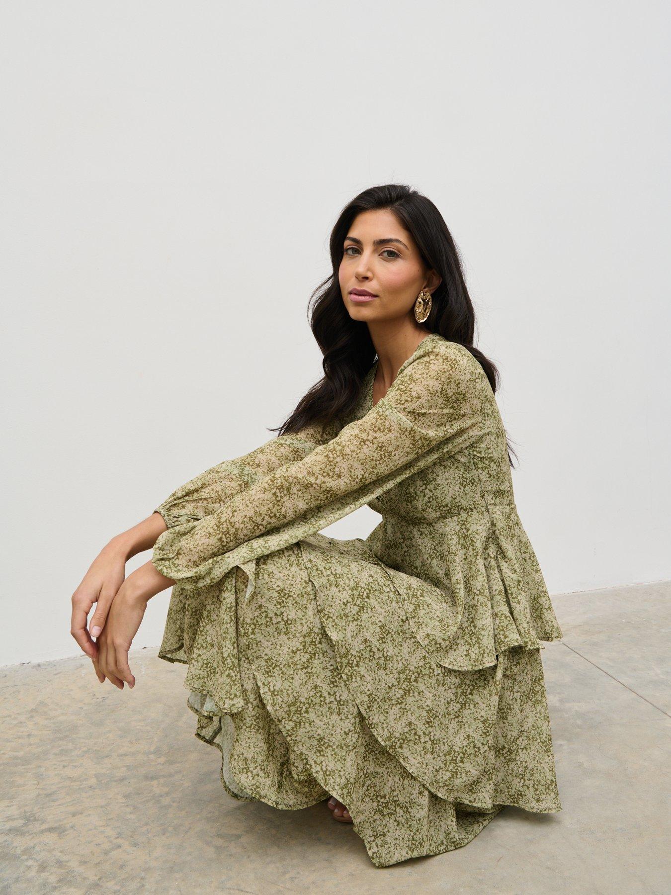 Pretty Lavish Ashton Ruffle Midaxi Dress Green Abstract Very