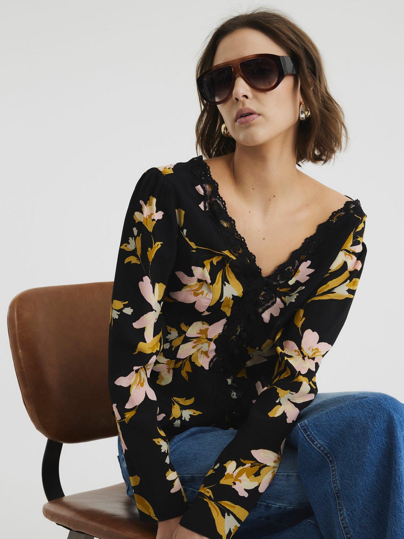 undefined Printed Floral Lace Trim Top - Black