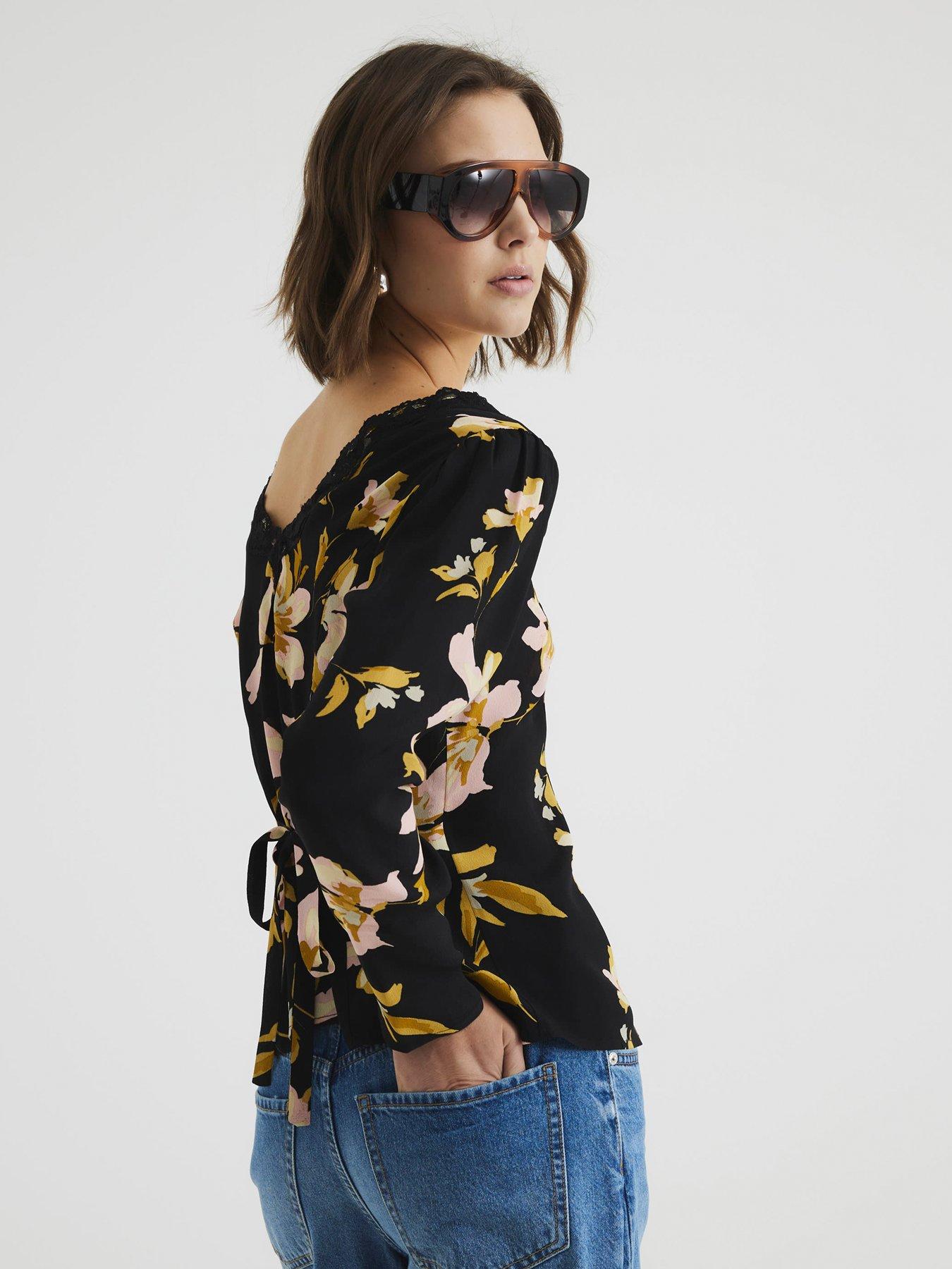 Image 2 of 4 of River Island Printed Floral Lace Trim Top - Black