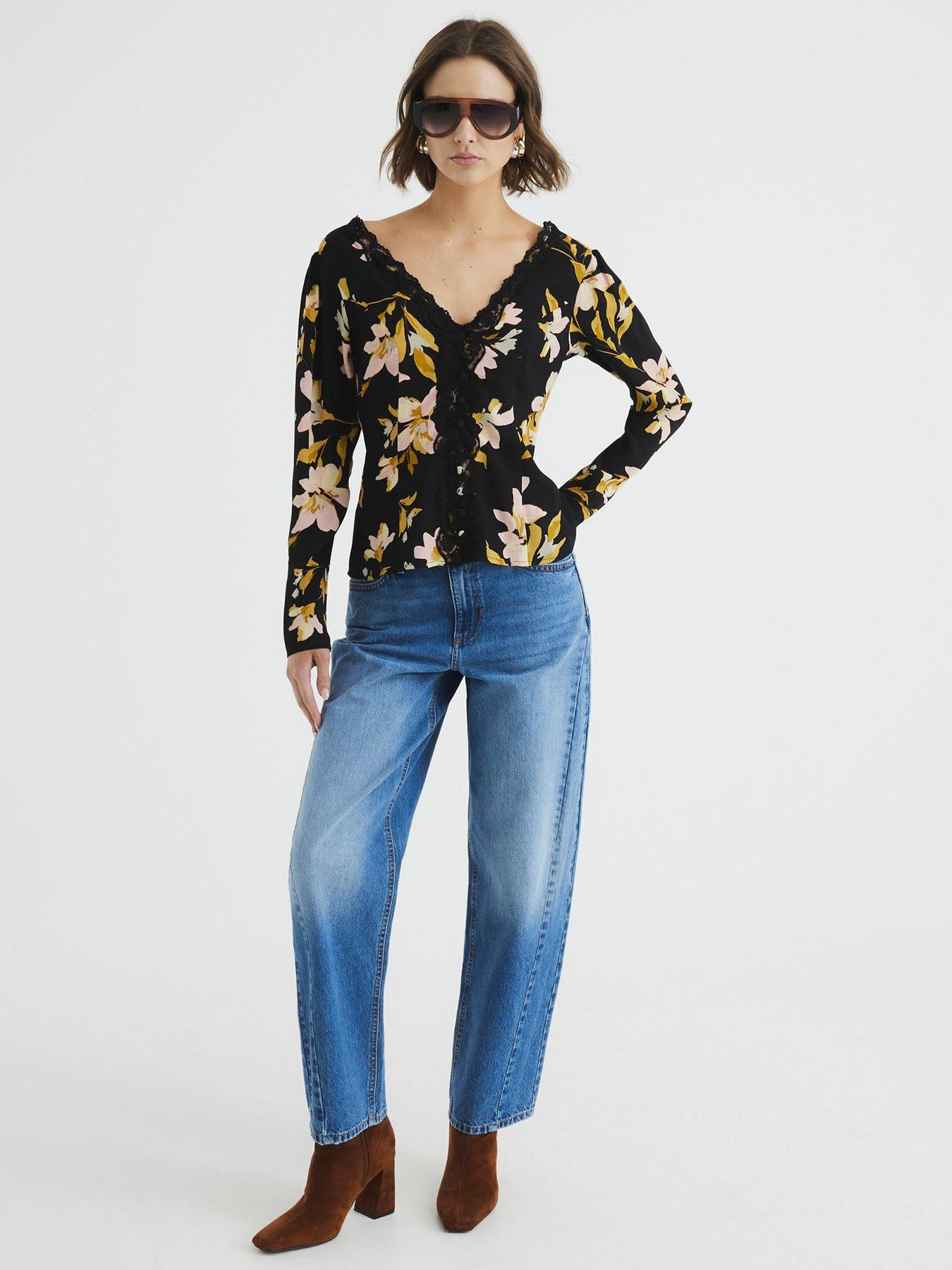 Image 3 of 4 of River Island Printed Floral Lace Trim Top - Black